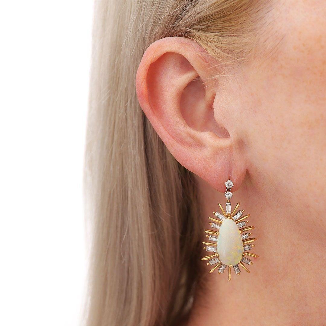 Vintage 18ct Gold Large Starburst Opal and Diamond Drop Earrings, Circa 1960 2