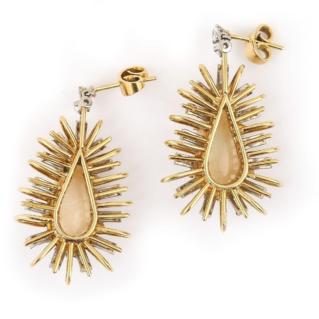 Retro Vintage 18ct Gold Large Starburst Opal and Diamond Drop Earrings, Circa 1960