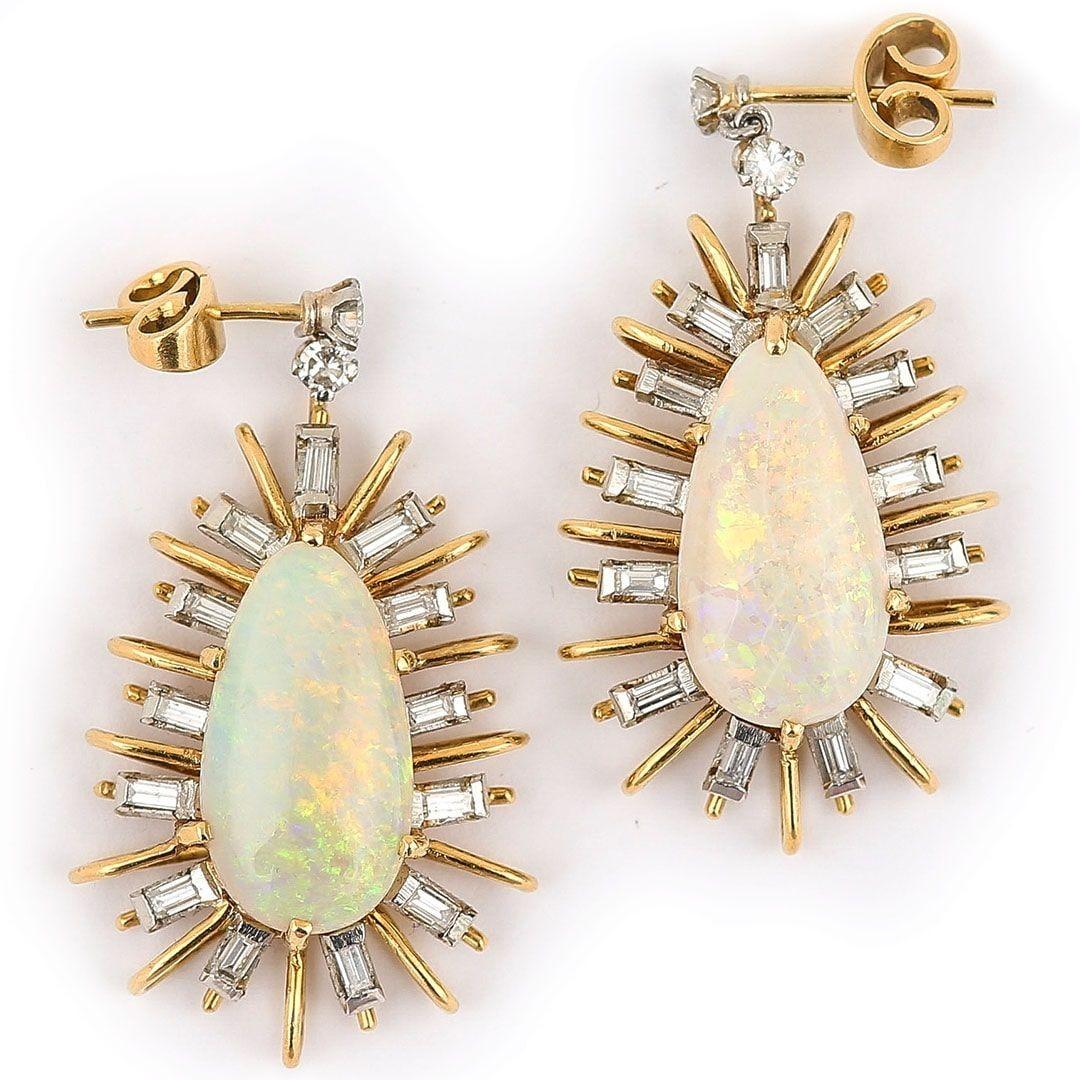 Oval Cut Vintage 18ct Gold Large Starburst Opal and Diamond Drop Earrings, Circa 1960