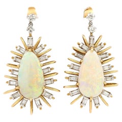 Vintage 18ct Gold Large Starburst Opal and Diamond Drop Earrings, Circa 1960