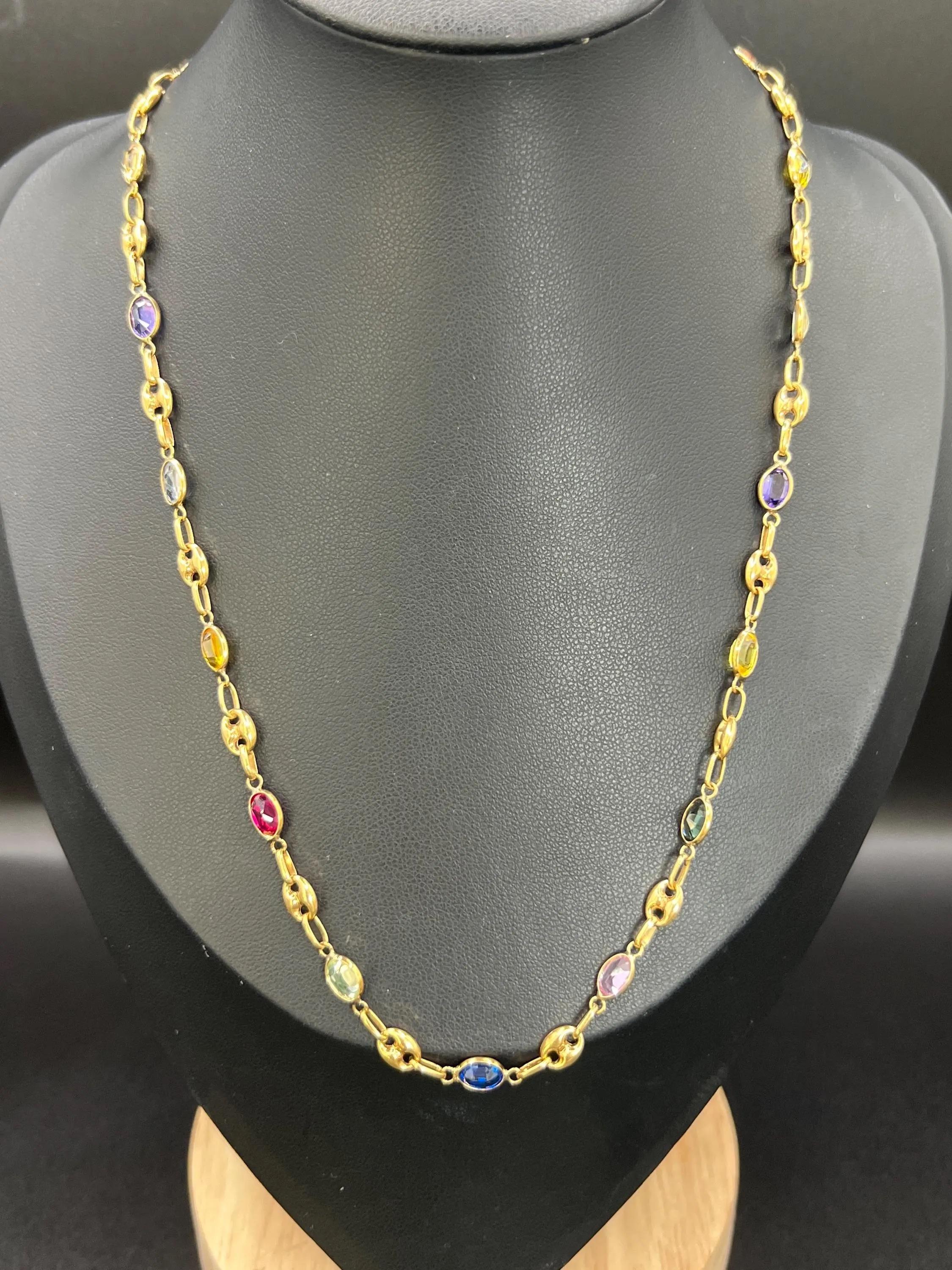 Vintage 18ct Gold, Mariner Link Edelstein Harlekin Halskette mit Barrel Clasp im Zustand „Gut“ im Angebot in Brighton, GB