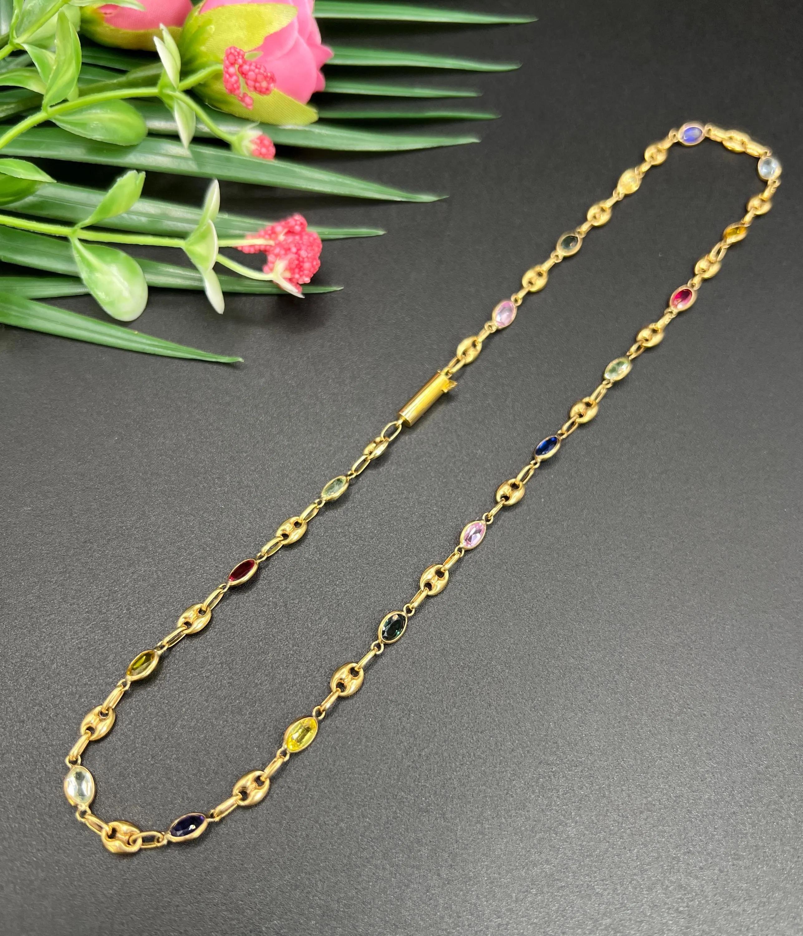 Vintage 18ct Gold, Mariner Link Edelstein Harlekin Halskette mit Barrel Clasp im Angebot 1