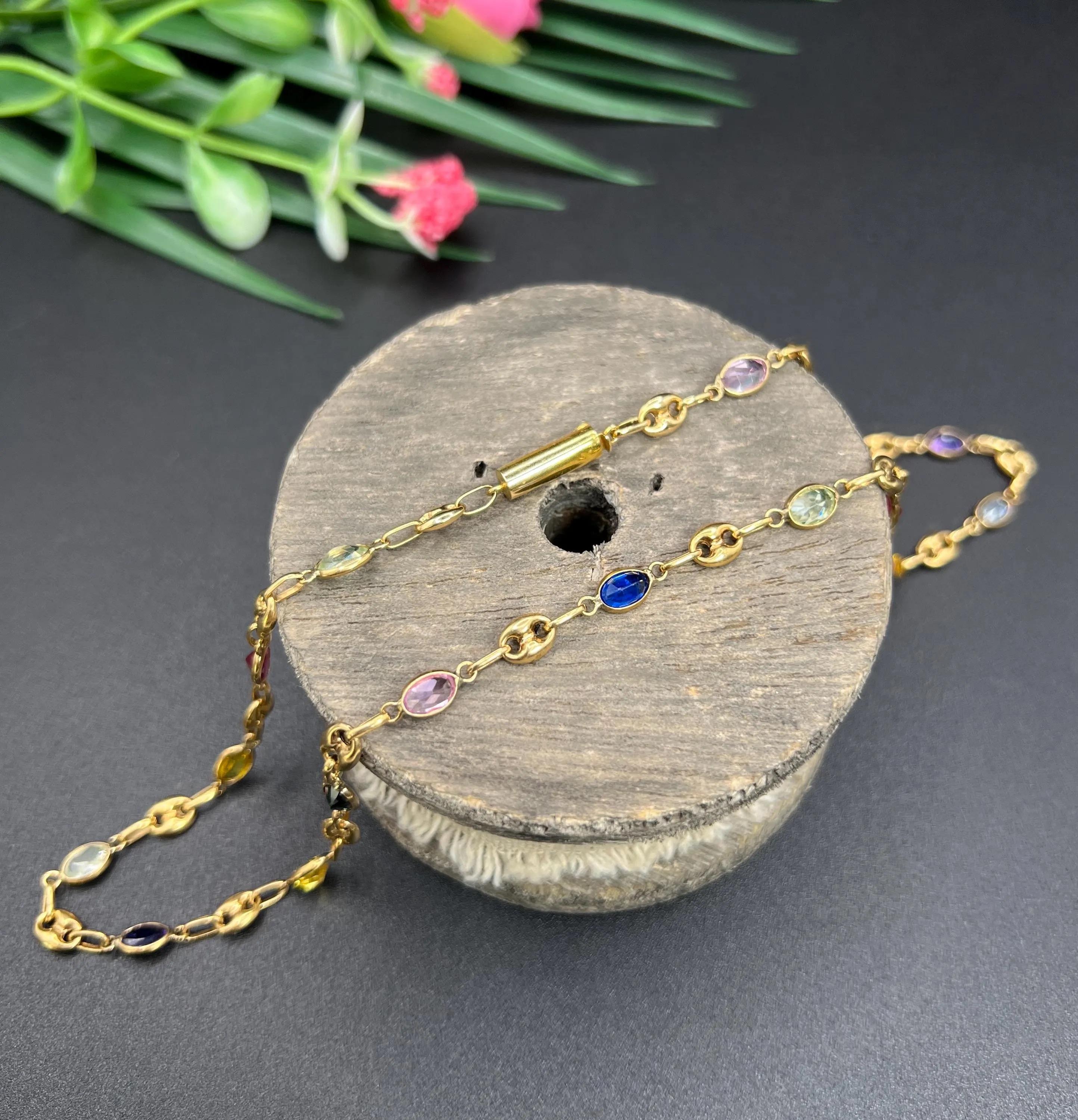 Vintage 18ct Gold, Mariner Link Edelstein Harlekin Halskette mit Barrel Clasp im Angebot 5