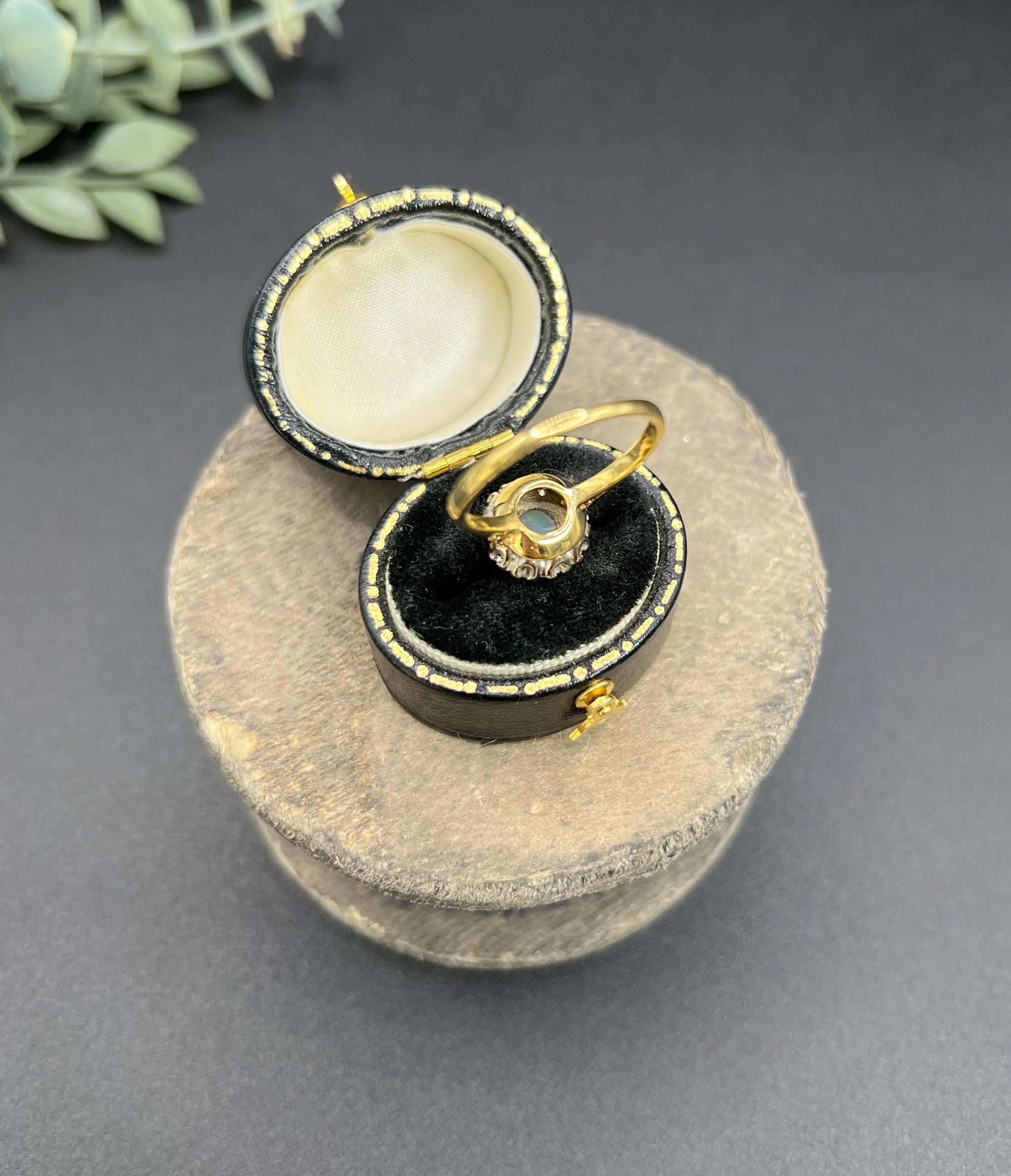 Round Cut Vintage 18ct Gold, Opal & Diamond Round Cluster Ring, Hallmarked London 1970 For Sale