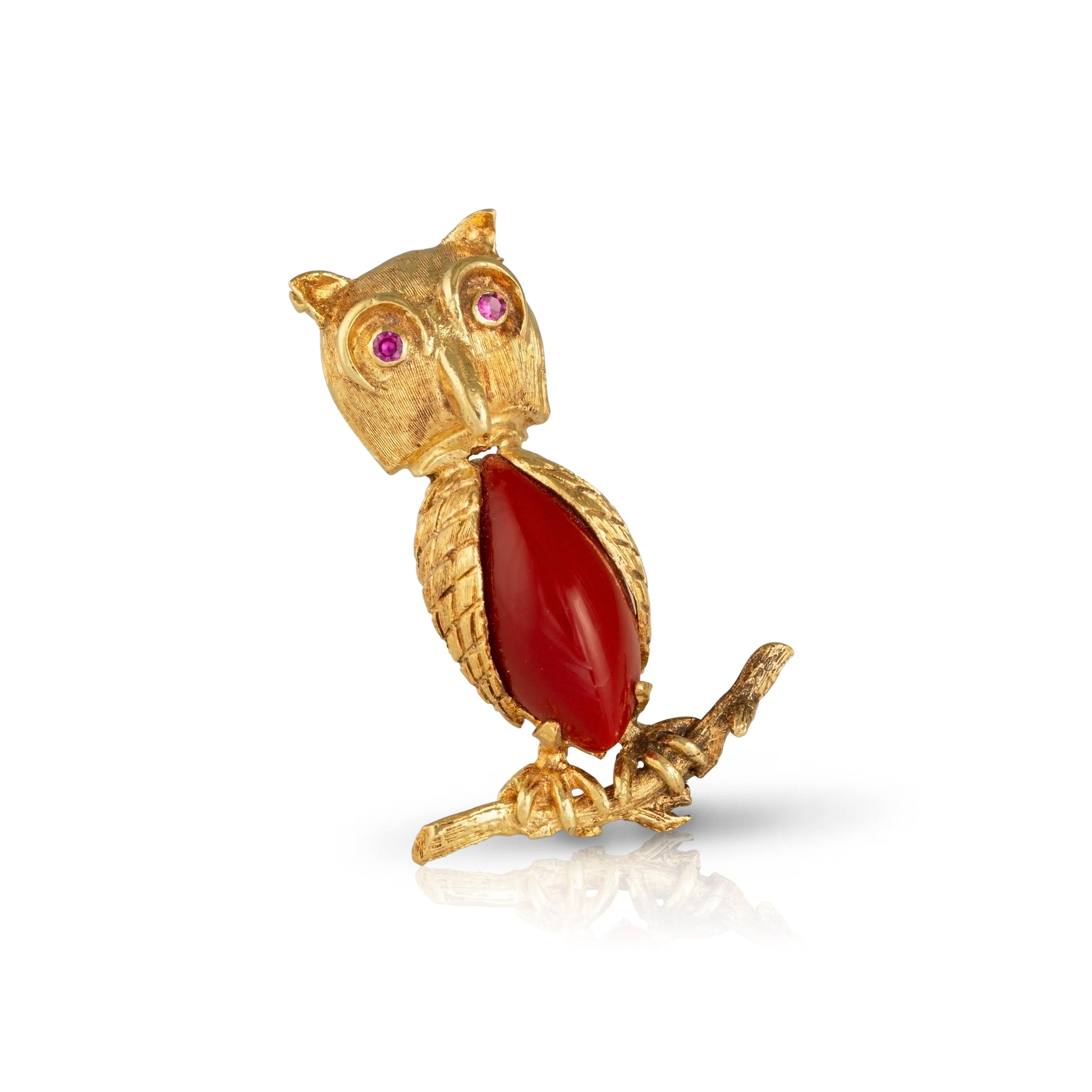 Modern Vintage 18ct Gold Owl Brooch with Red Glass and Ruby