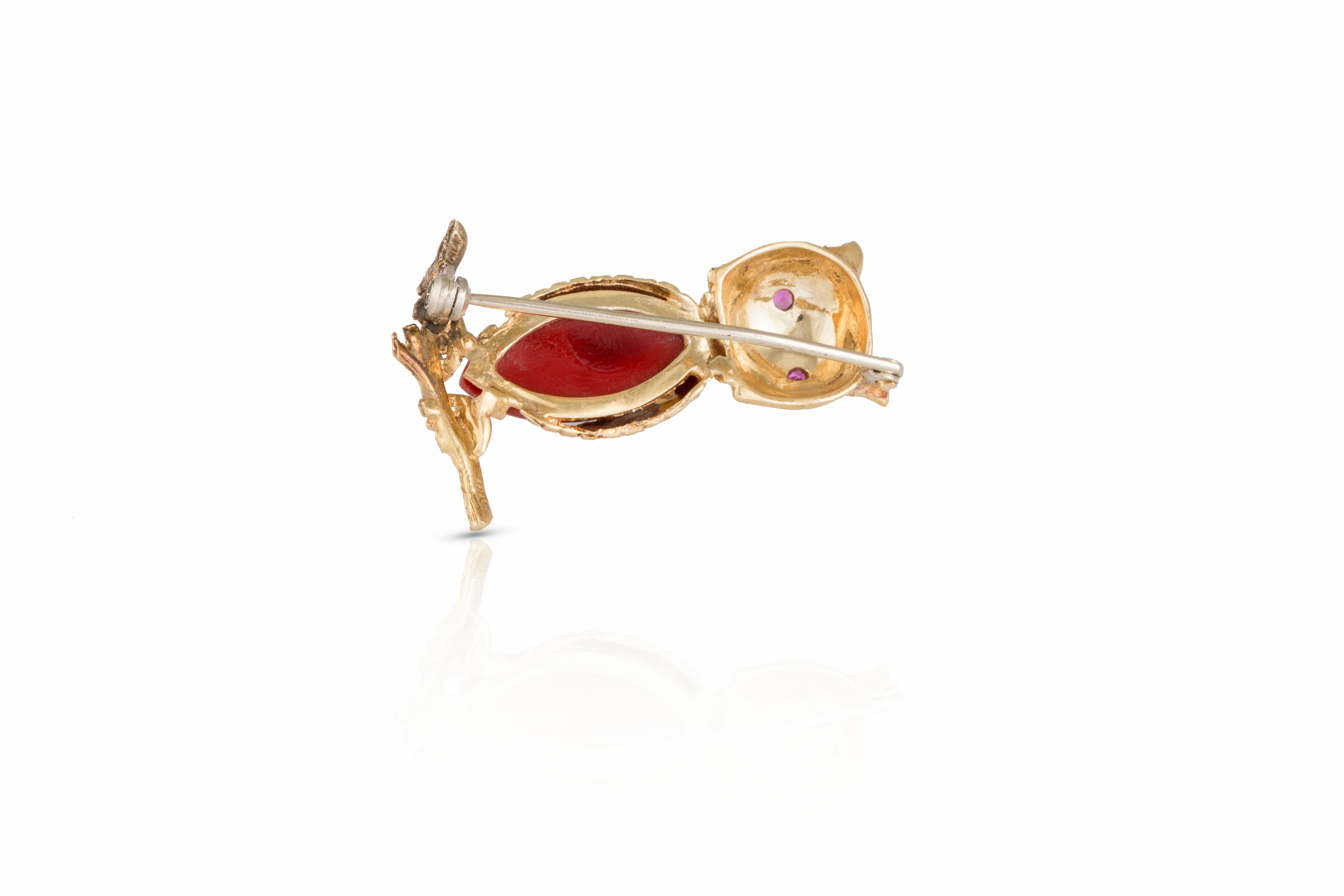 Brilliant Cut Vintage 18ct Gold Owl Brooch with Red Glass and Ruby