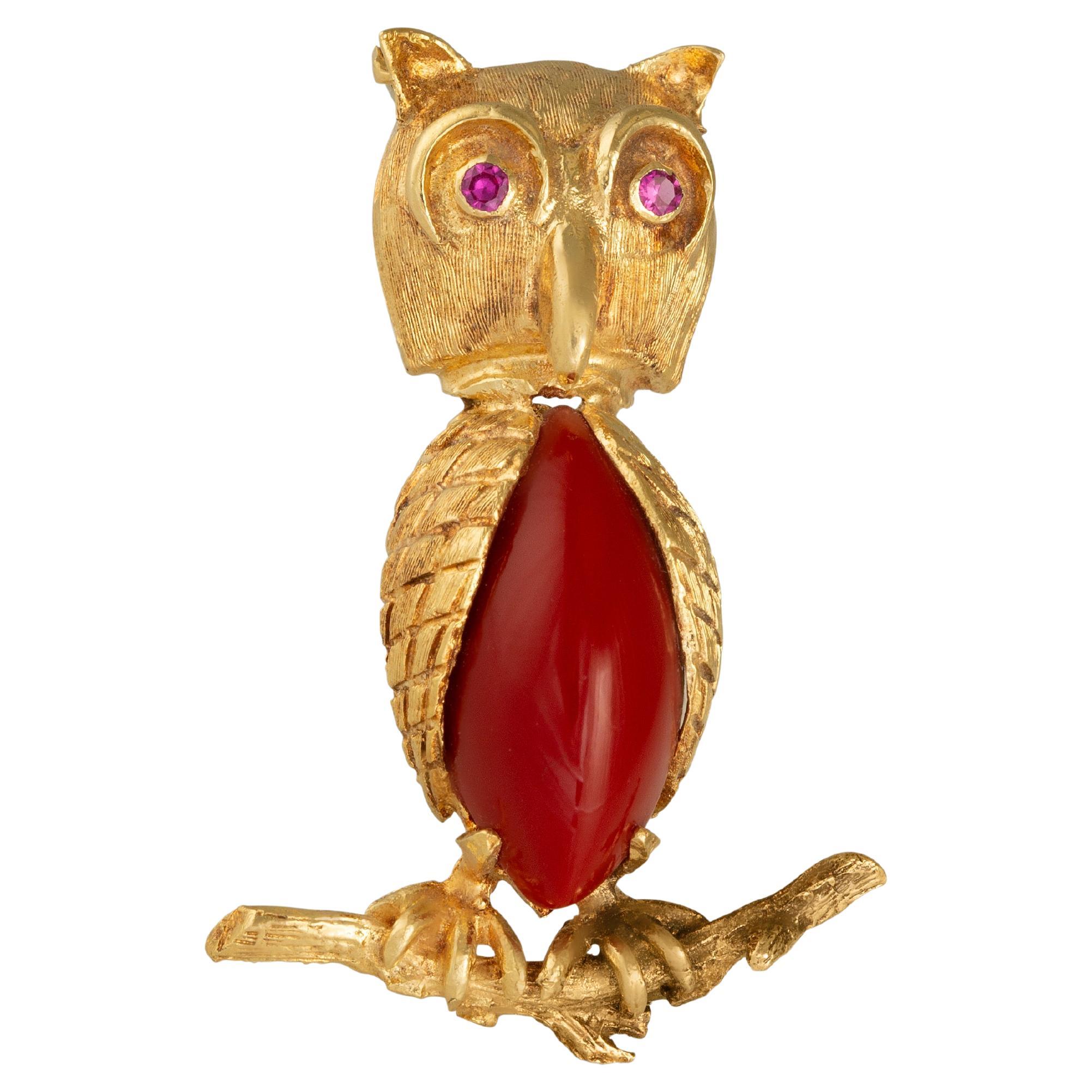 Vintage 18ct Gold Owl Brooch with Red Glass and Ruby
