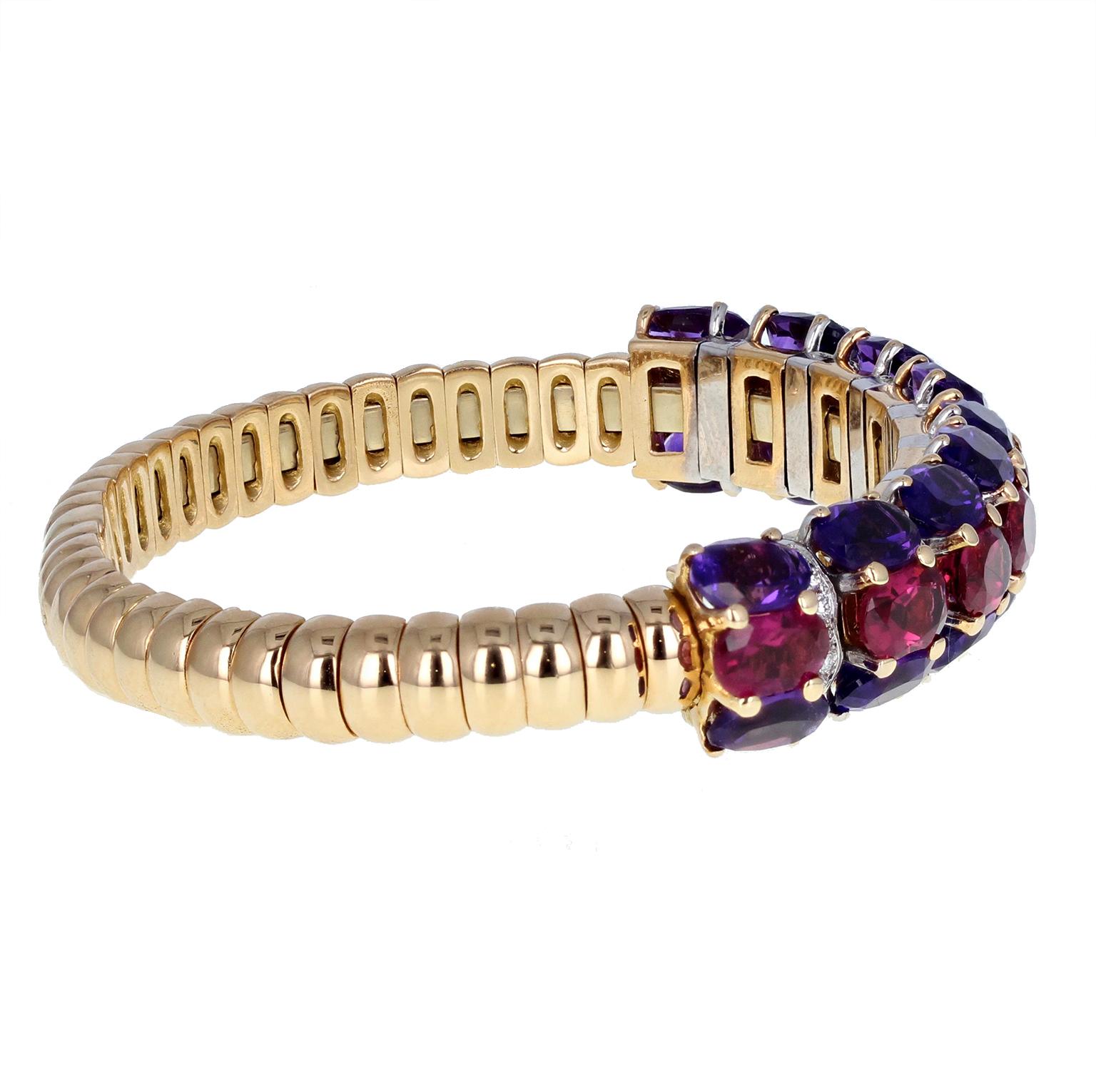 Oval Cut Vintage 18 Carat Gold Pink Tourmaline Amethyst Bangle For Sale