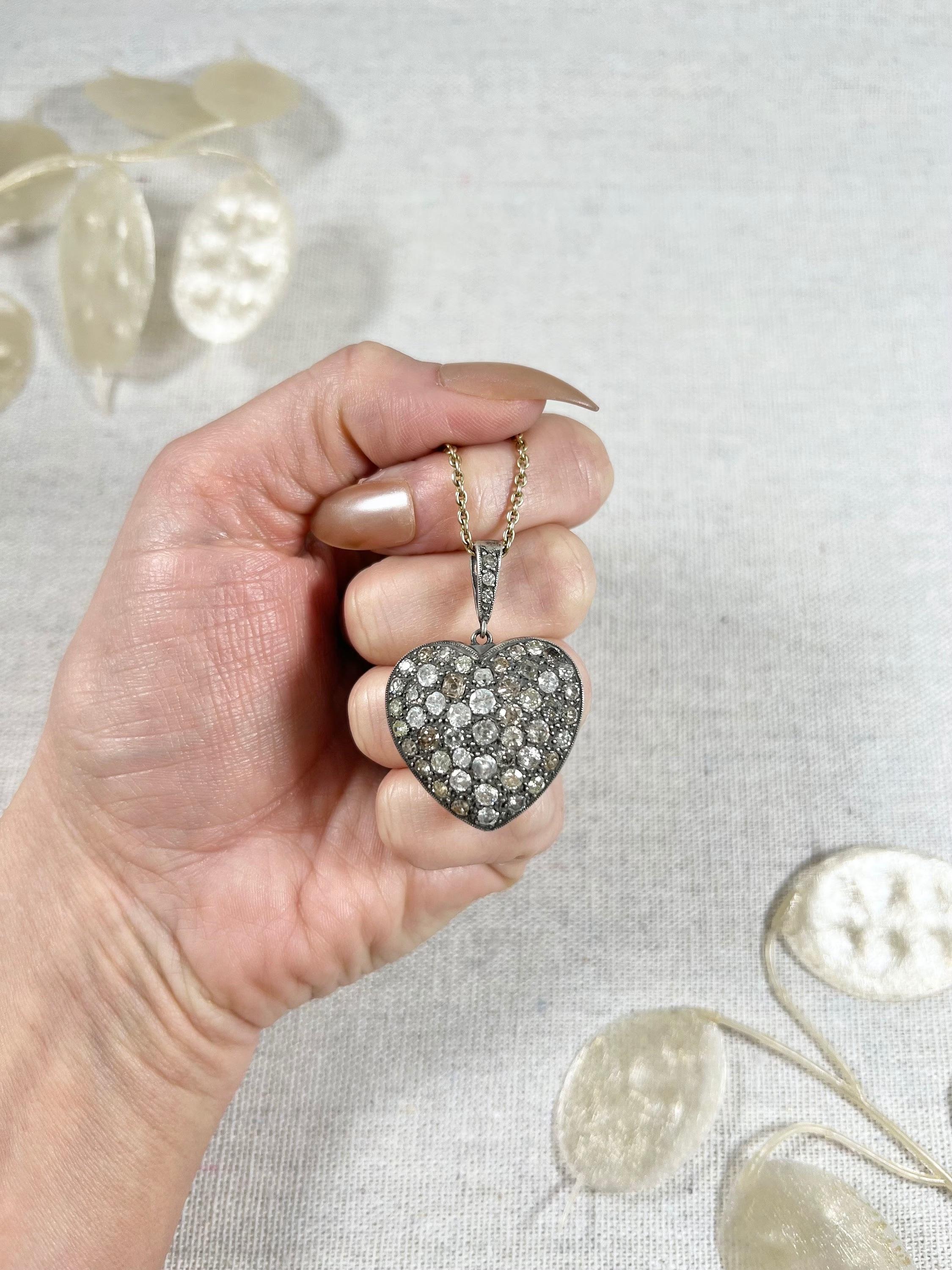 Round Cut Vintage 18ct Gold & Silver Heart Pendant Set with Antique Diamonds For Sale