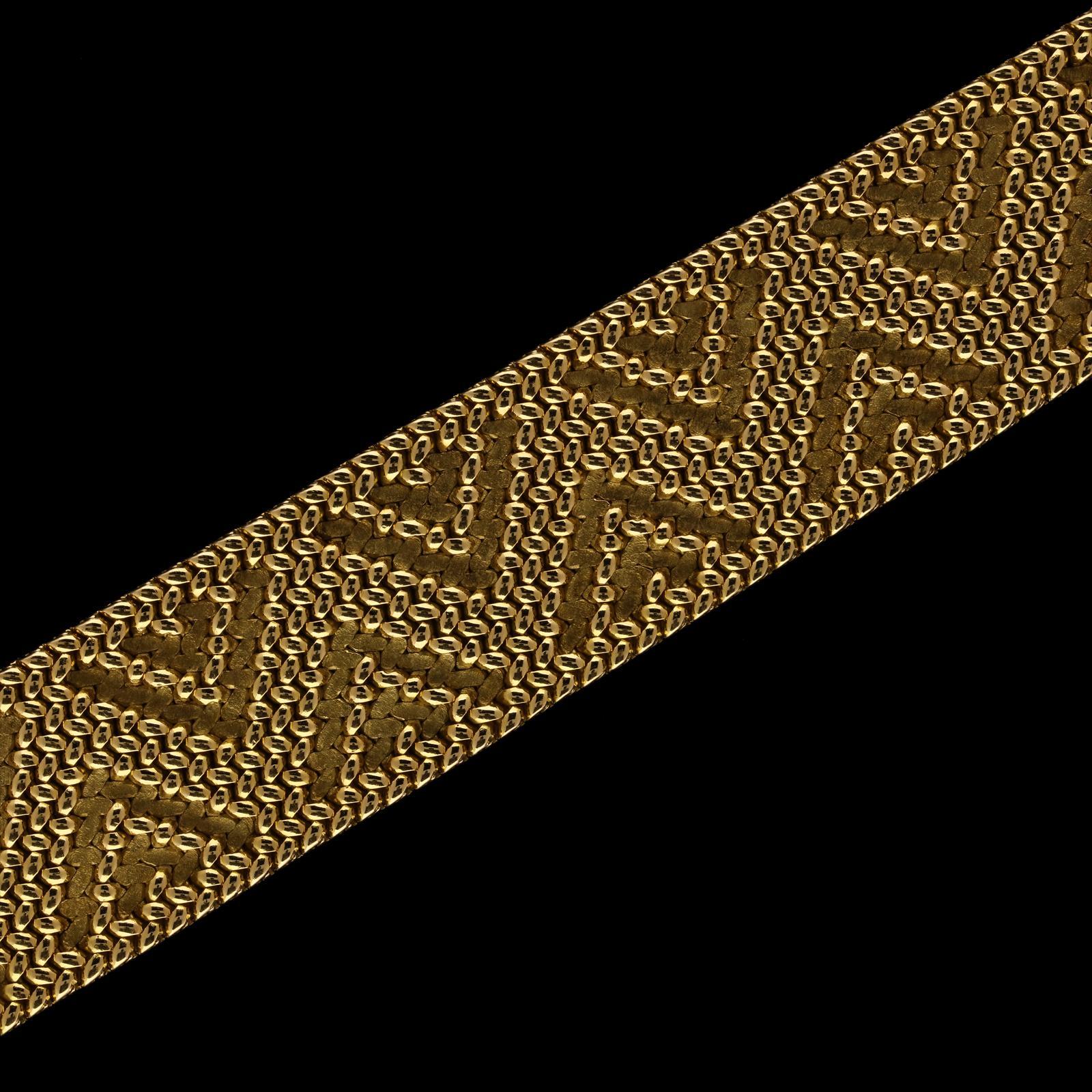 Contemporary Vintage 18ct Gold Strap Bracelet with Textured ZigZag Pattern by Marchak c.1970s