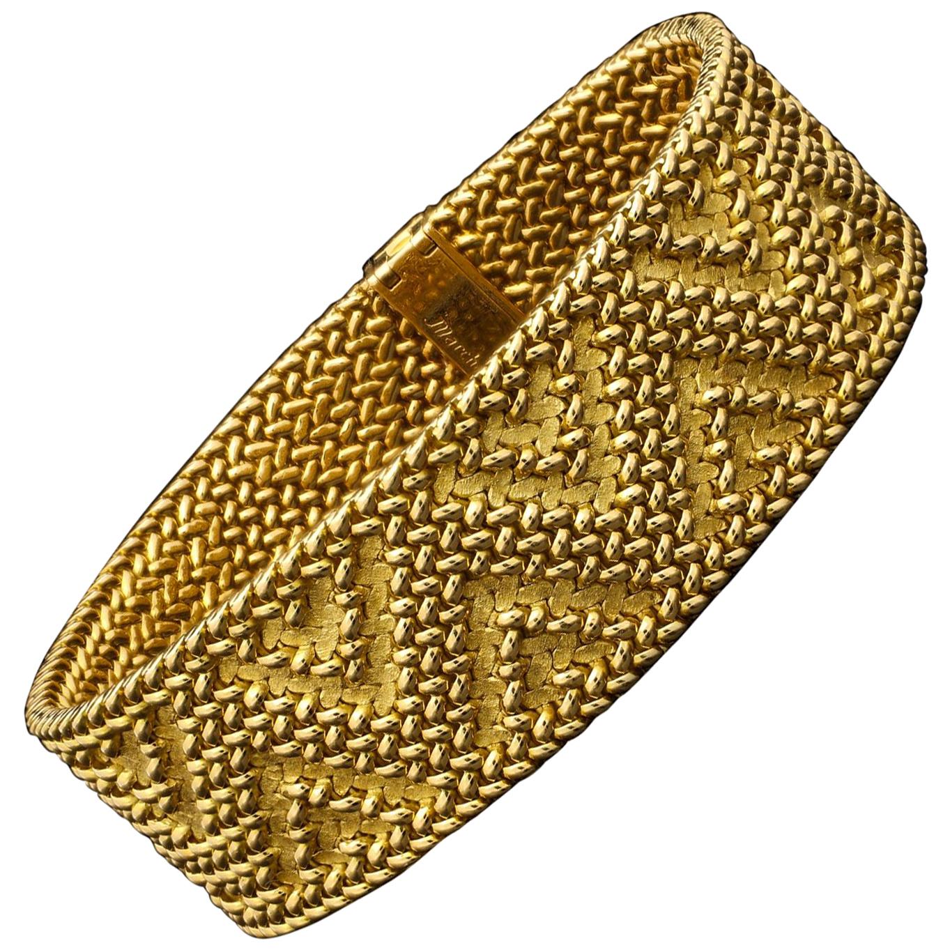 Vintage 18ct Gold Strap Bracelet with Textured ZigZag Pattern by Marchak c.1970s