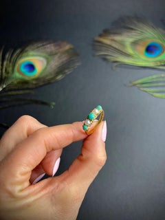 Vintage 18ct Gold Turquoise & Pearl Carved Ring