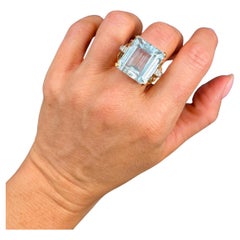 Vintage 18ct Rose Gold, 1940s 33 Carat Blue Topaz & Diamond Cocktail Ring