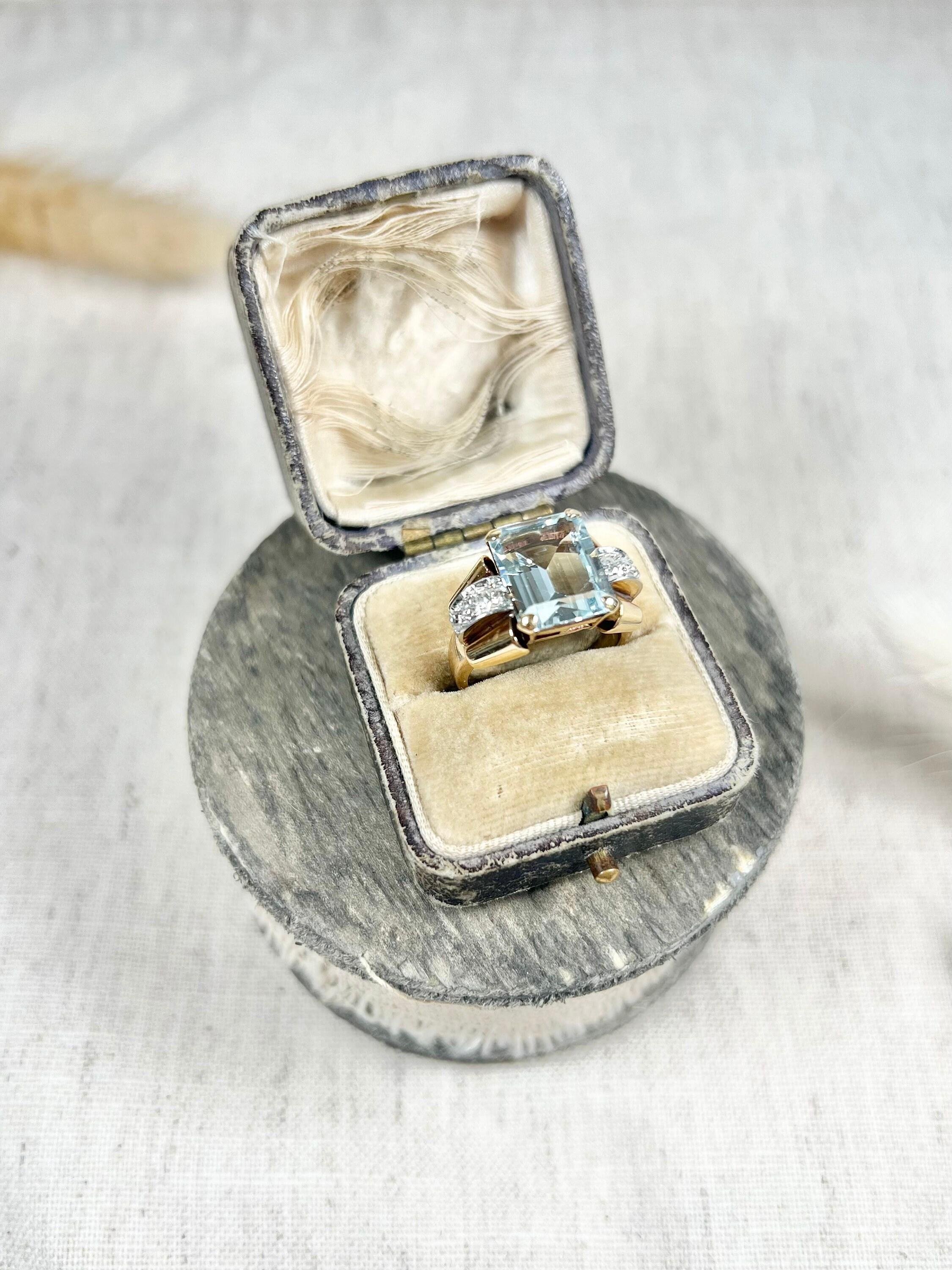 Emerald Cut Vintage 18ct Rose Gold, 1940s Aquamarine & Diamond Cocktail Ring For Sale
