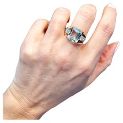 Anello da cocktail con acquamarina e diamanti, vintage, in oro rosa 18 ct, anni '40