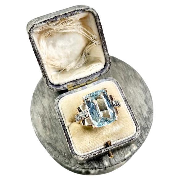 Vintage 18ct Rose Gold, 1940s Cushion Cut Aquamarine & Diamond Cocktail Ring
