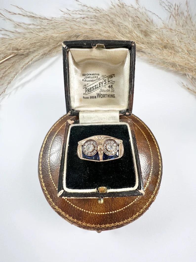 Vintage 18ct Rose Gold, 1970s Sapphire & Diamond Owl Cocktail Ring For Sale 7
