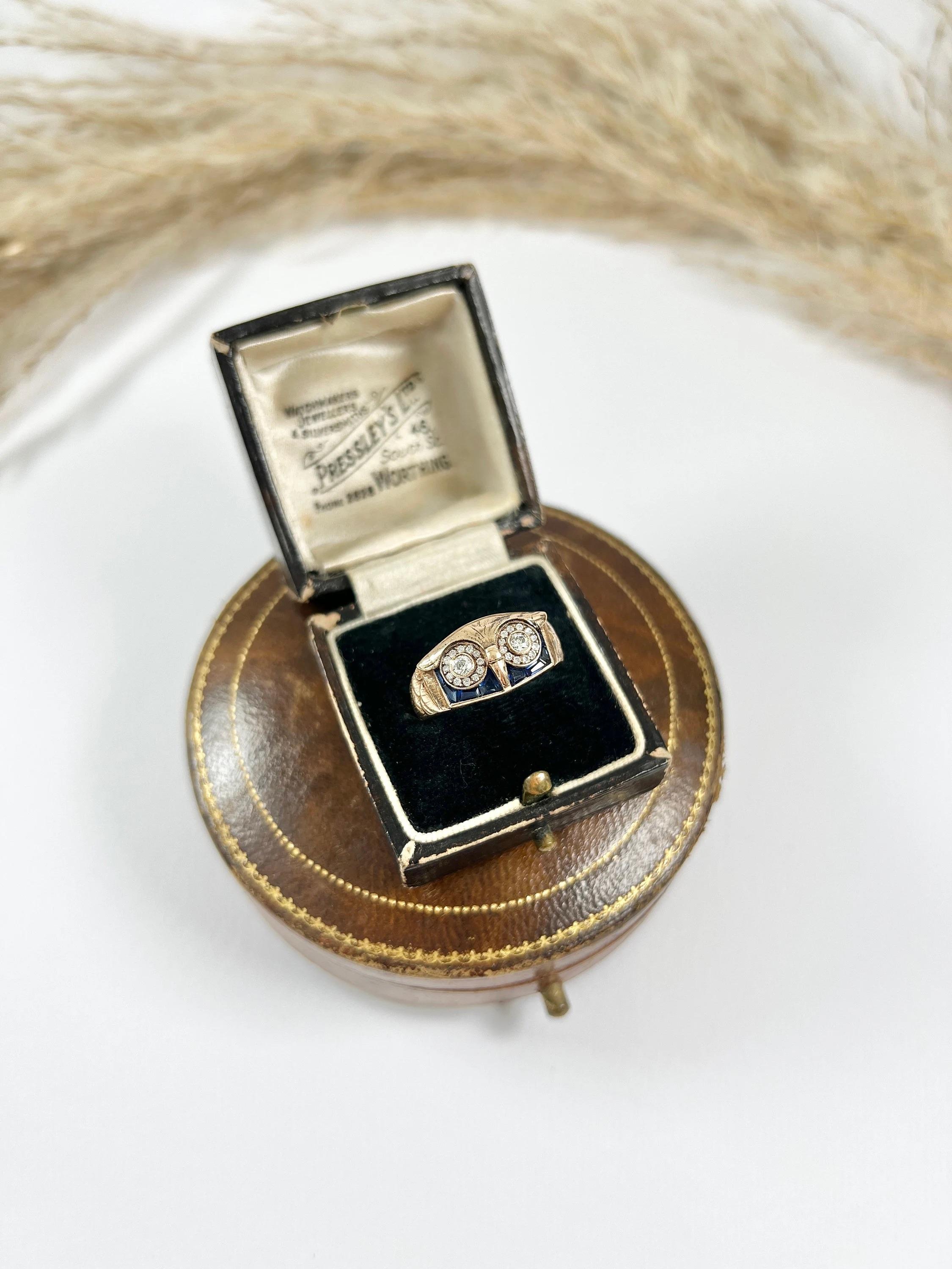 Antique Owl Cocktail Ring 

18ct Rose Gold Tested

Circa 1970s 

This exquisite 18ct rose gold ring features a captivating owl design that pays homage to the elegant aesthetics of the 1970s. The centrepiece of the ring is the owl's eyes, which are