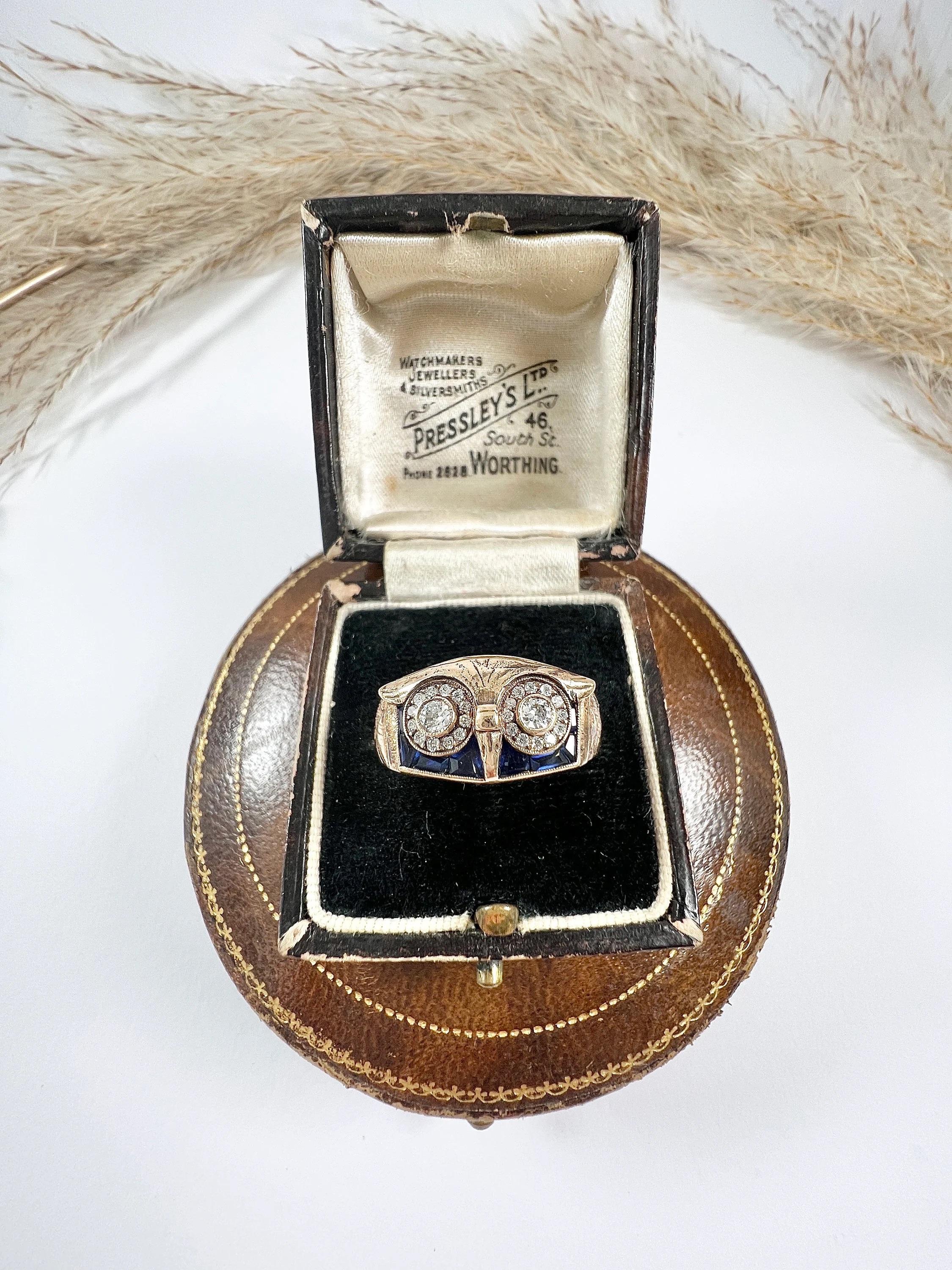 Brilliant Cut Vintage 18ct Rose Gold, 1970s Sapphire & Diamond Owl Cocktail Ring For Sale
