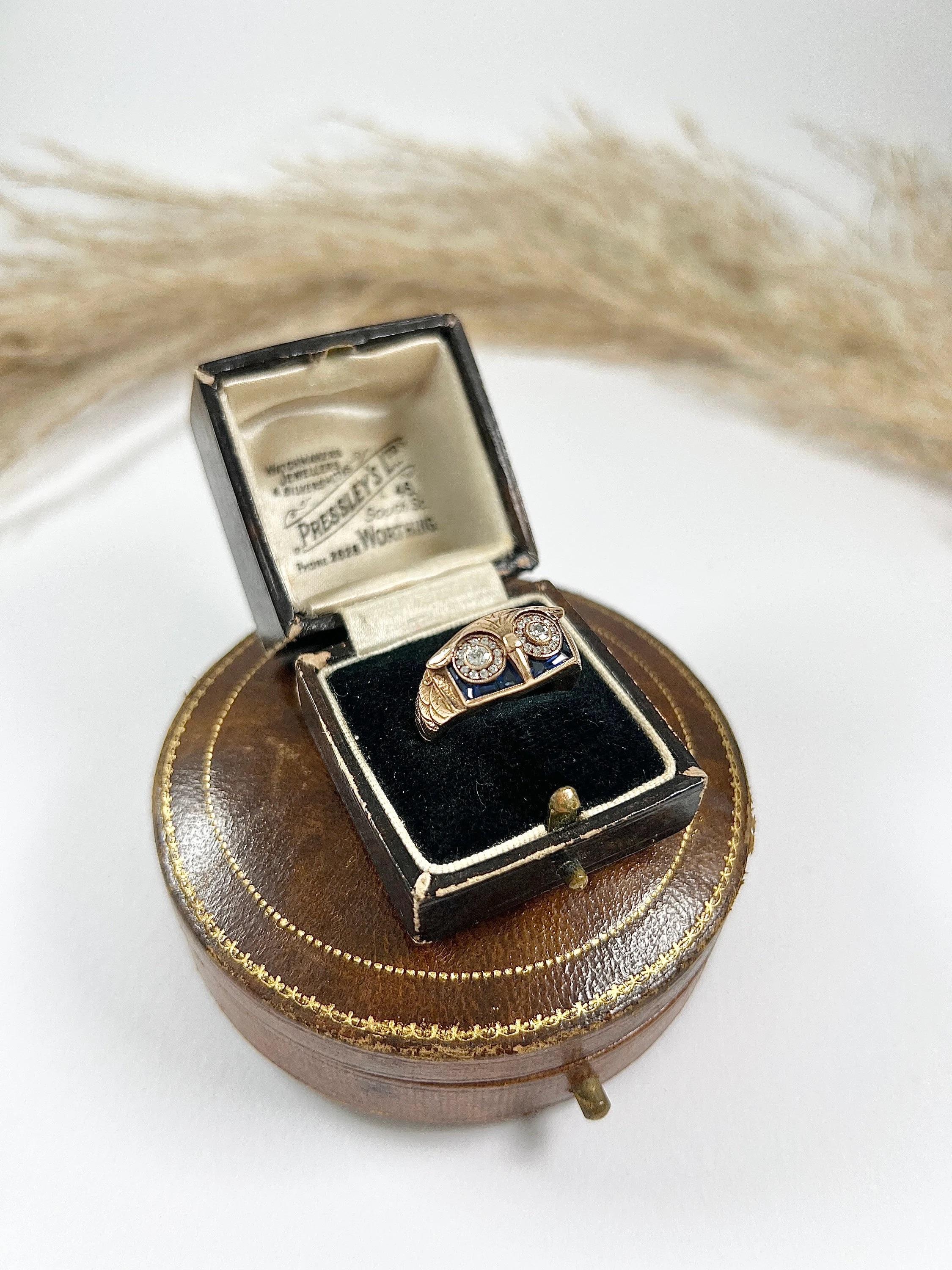 Vintage 18ct Rose Gold, 1970s Sapphire & Diamond Owl Cocktail Ring For Sale 2