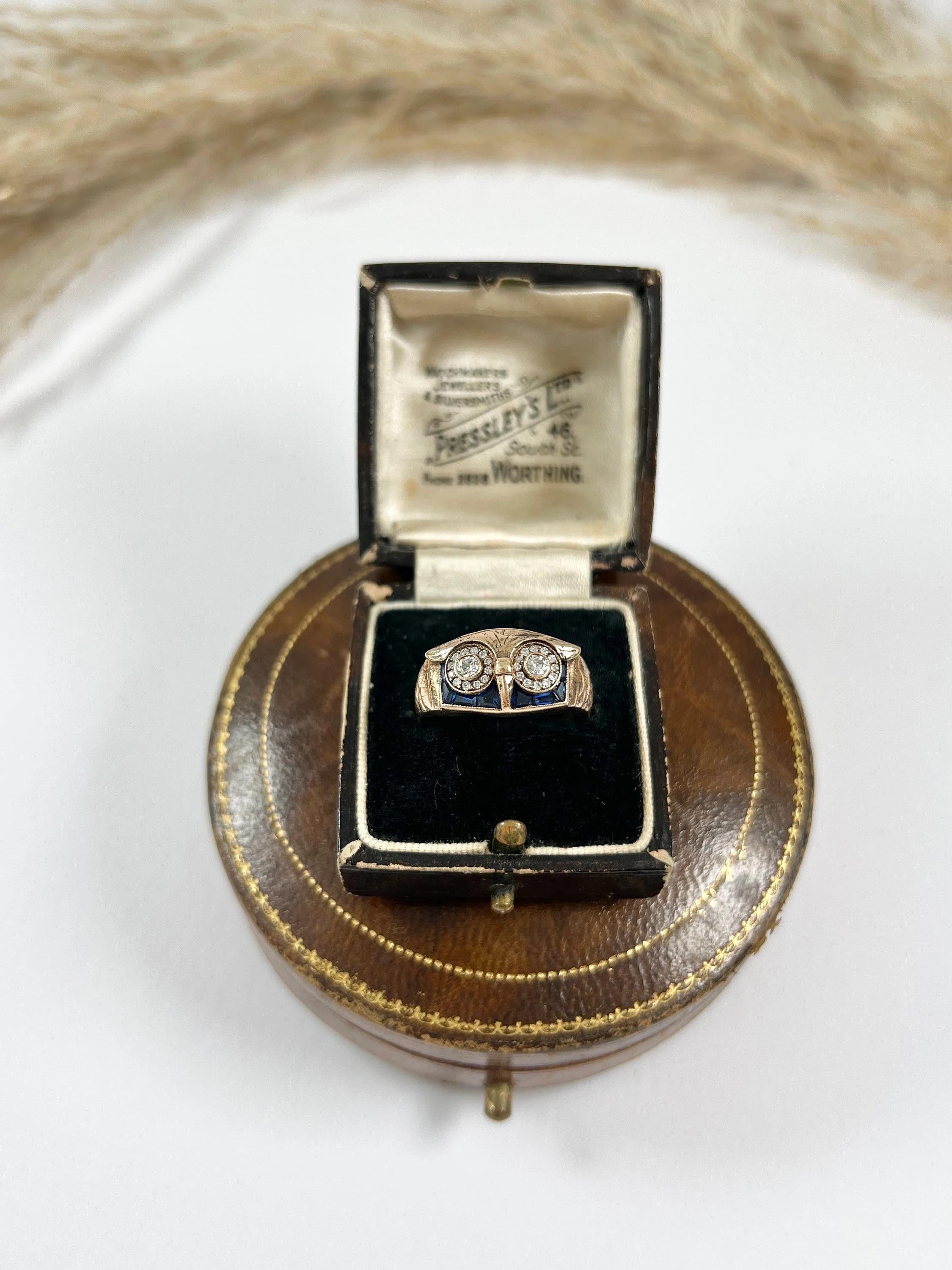Vintage 18ct Rose Gold, 1970s Sapphire & Diamond Owl Cocktail Ring For Sale 3