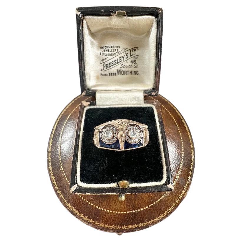 Vintage 18ct Rose Gold, 1970s Sapphire & Diamond Owl Cocktail Ring