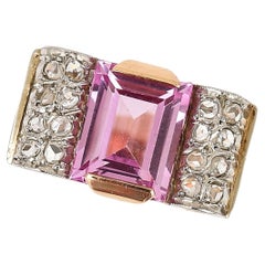 Bague Tank Vintage en or rose 18 ct avec saphir rose et diamants (3::20 ct)