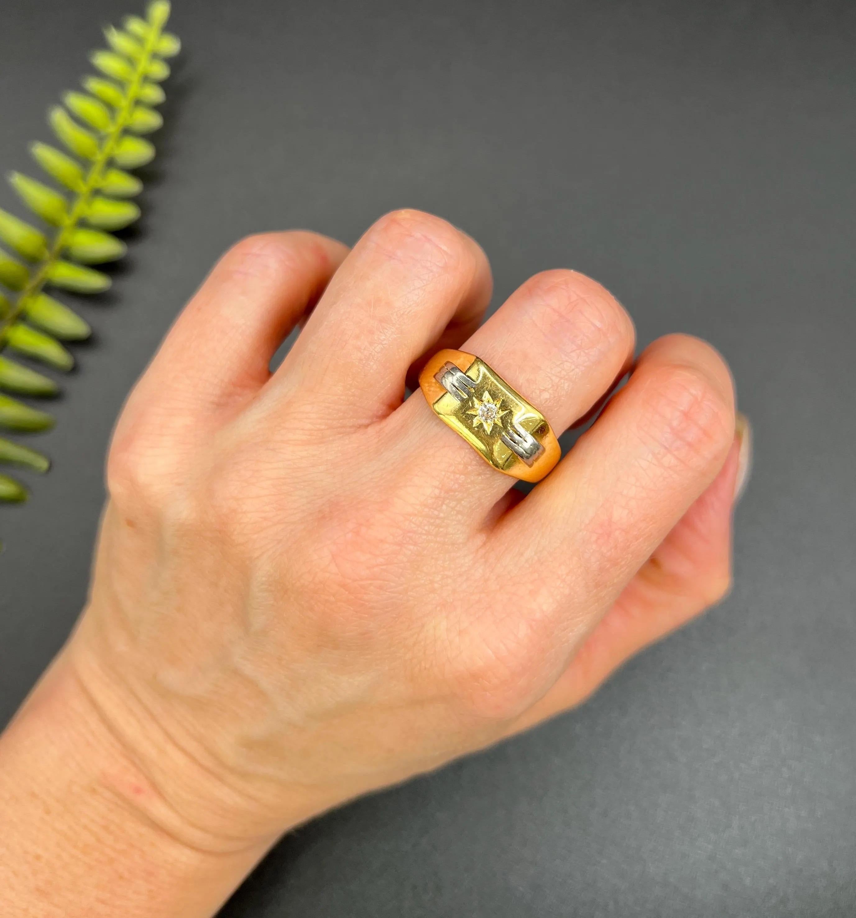 Brilliant Cut Vintage 18ct Two Colour Gold Star Set Diamond Signet Ring Hallmarked London 1939 For Sale