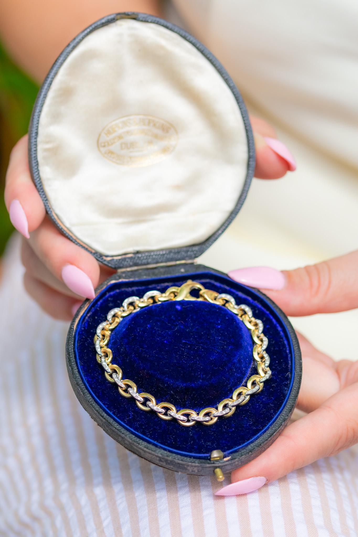 Round Cut Vintage 18ct Two-Tone Gold Diamond Link Bracelet For Sale