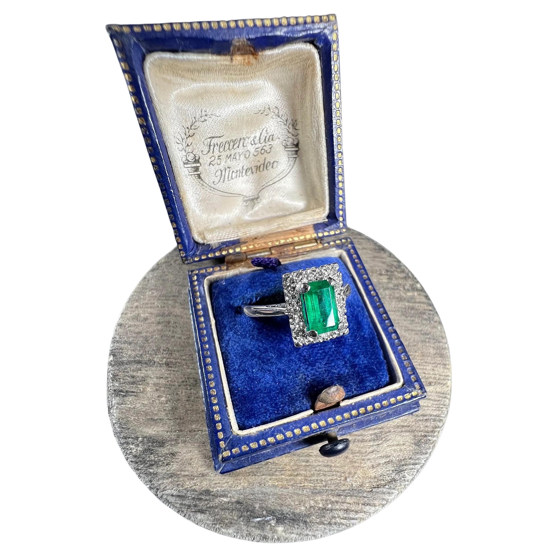 Vintage 18ct White Gold 1940’s Emerald & Diamond Rectangular Cluster Ring