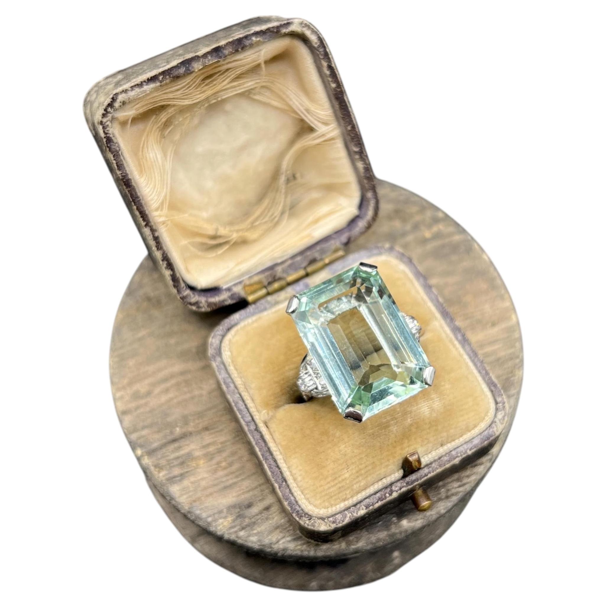 Vintage 18ct White Gold, 1940s Large Aquamarine & Diamond Cocktail Ring