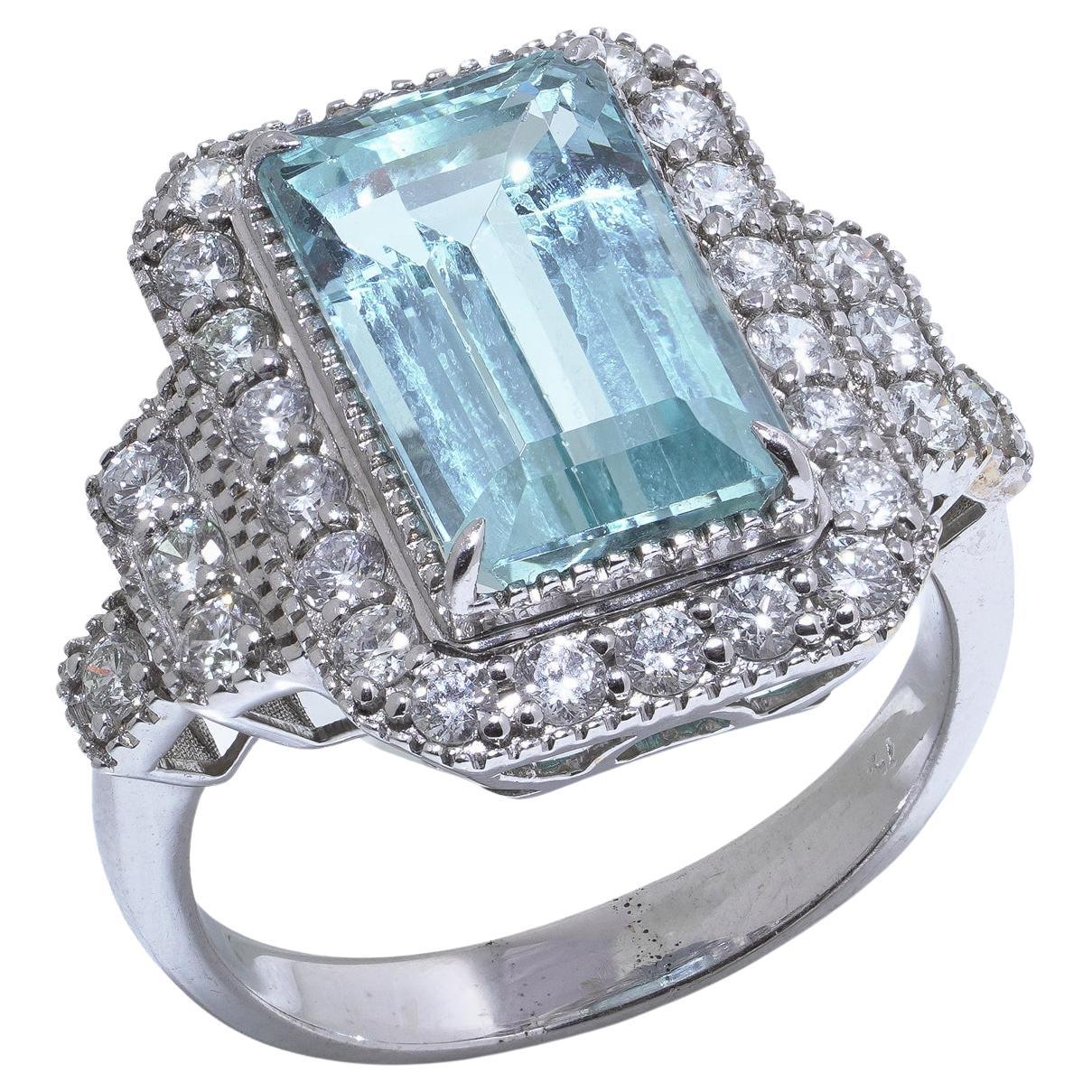 Vintage 18ct Weißgold Aquamarin 
Diamant Cluster Ring