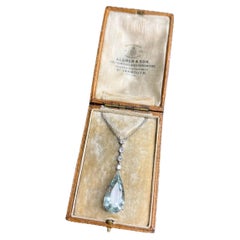 Collier pendentif aigue-marine et diamant en or blanc 18ct vintage