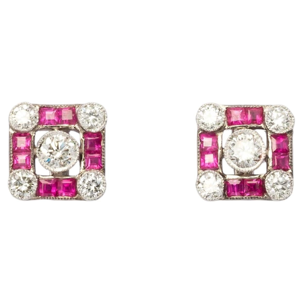Vintage 18ct Weißgold Ohrringe mit Diamanten und Rubinen im Angebot