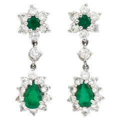 Vintage 18ct White Gold Emerald and Diamond Drop Earrings, Circa 1976