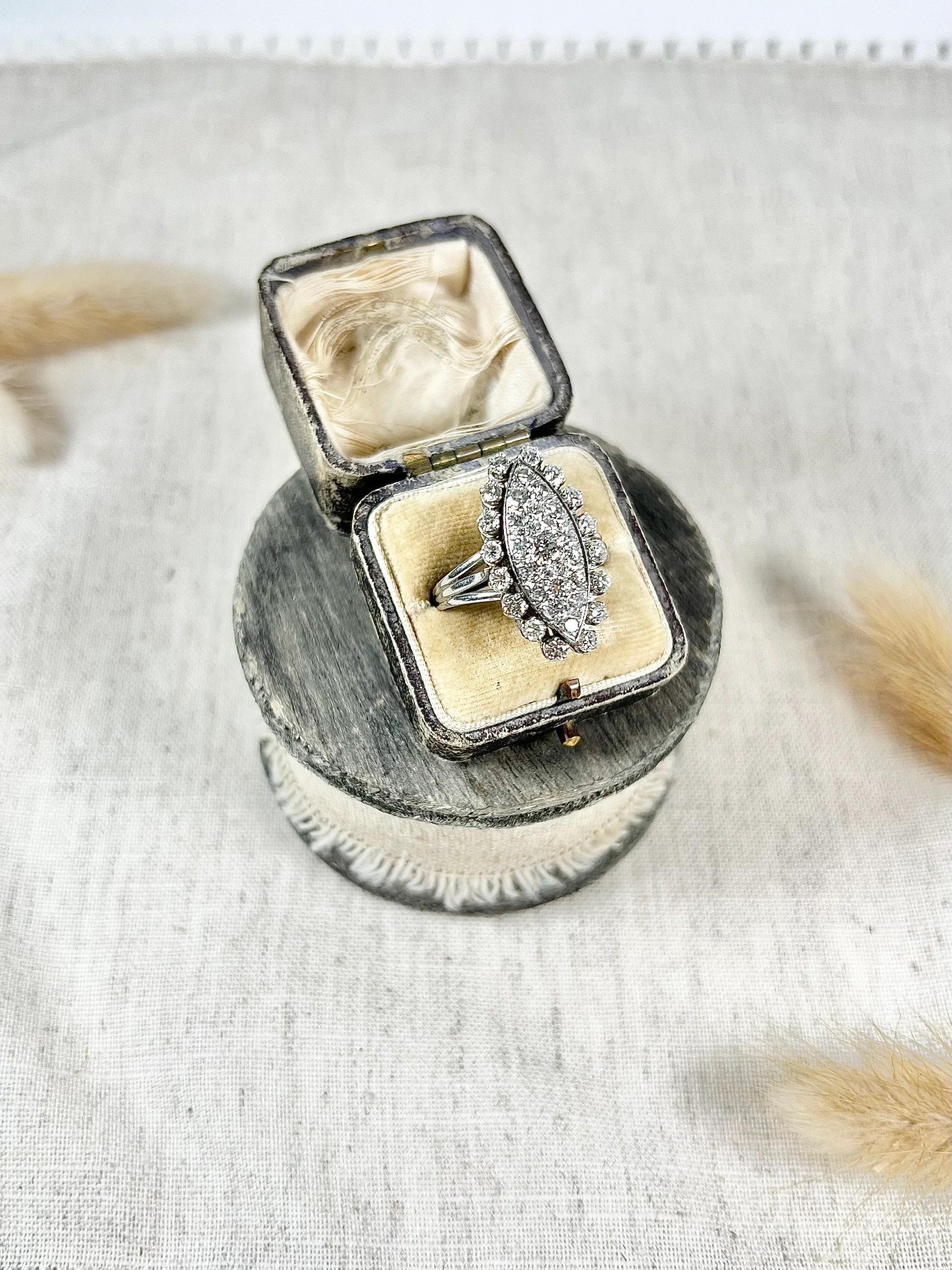 Vintage Diamond Marquise Ring 

18ct White Gold French Stamped 

Circa 1950’s 

A truly fabulous, French vintage piece. Set with gorgeous, white, brilliant cut, natural diamonds. Displayed in a beautiful marquise/navette shaped setting. Complimented