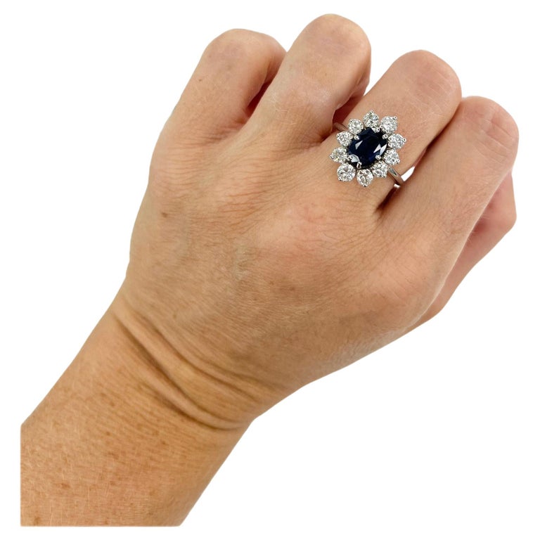 Anello vintage in oro bianco 18 ct con zaffiro francese e diamanti