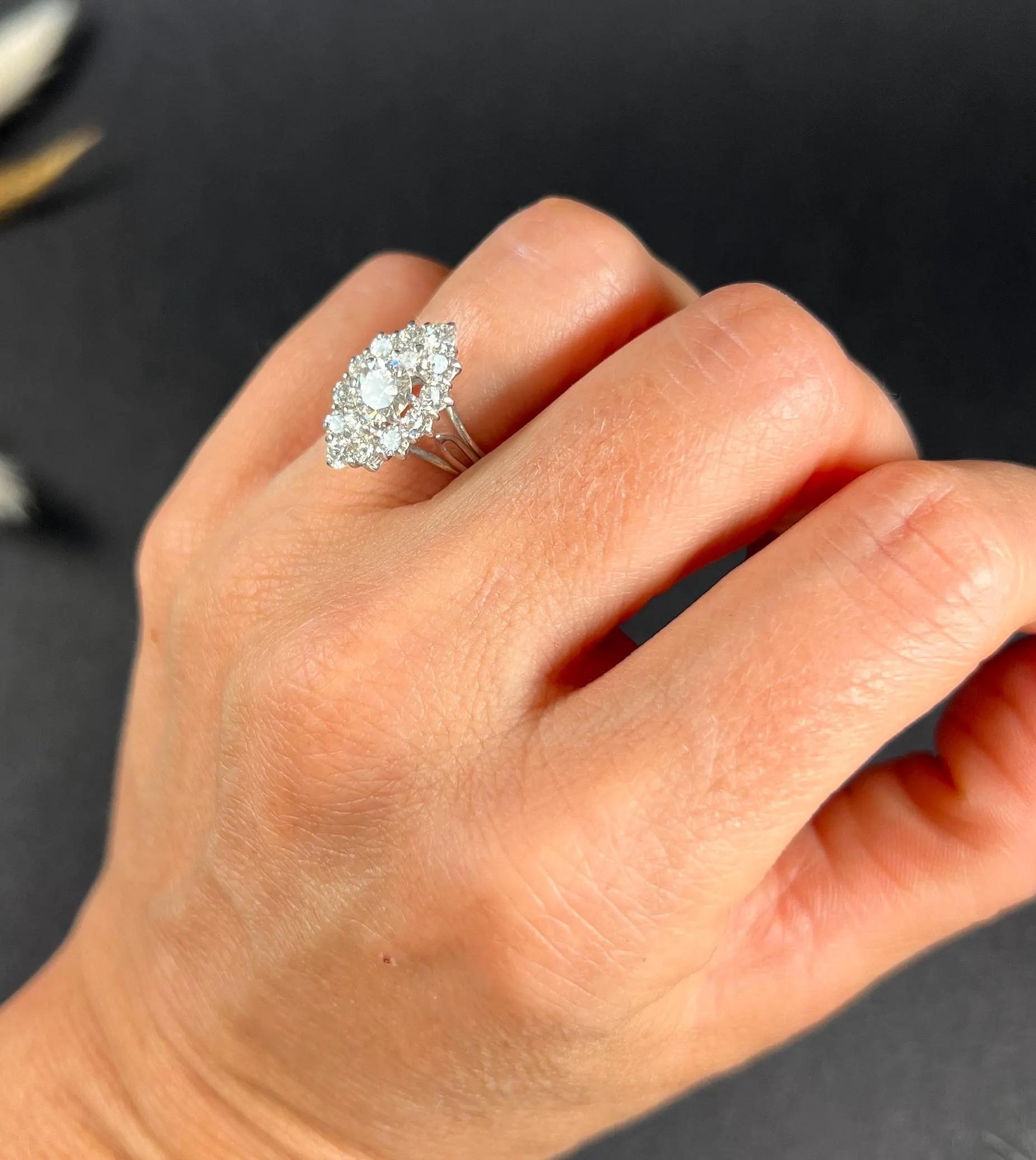 Vintage 18ct White Gold French Stamped, 2 Carat Marquise/Navette Diamond Ring For Sale 6
