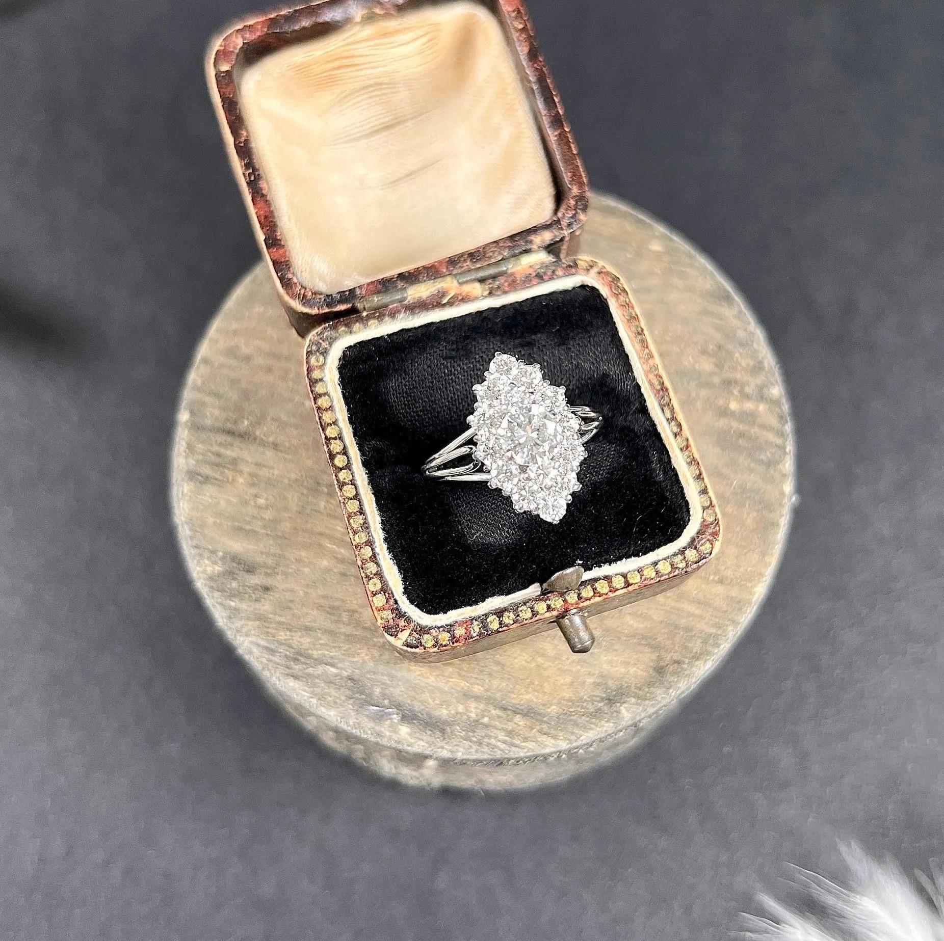 Brilliant Cut Vintage 18ct White Gold French Stamped, 2 Carat Marquise/Navette Diamond Ring For Sale