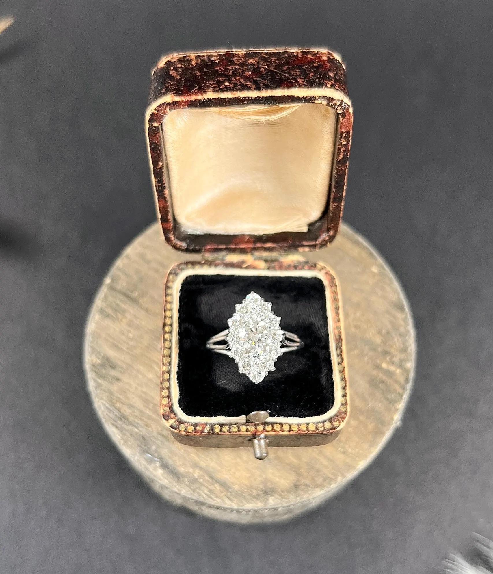 Women's or Men's Vintage 18ct White Gold French Stamped, 2 Carat Marquise/Navette Diamond Ring For Sale