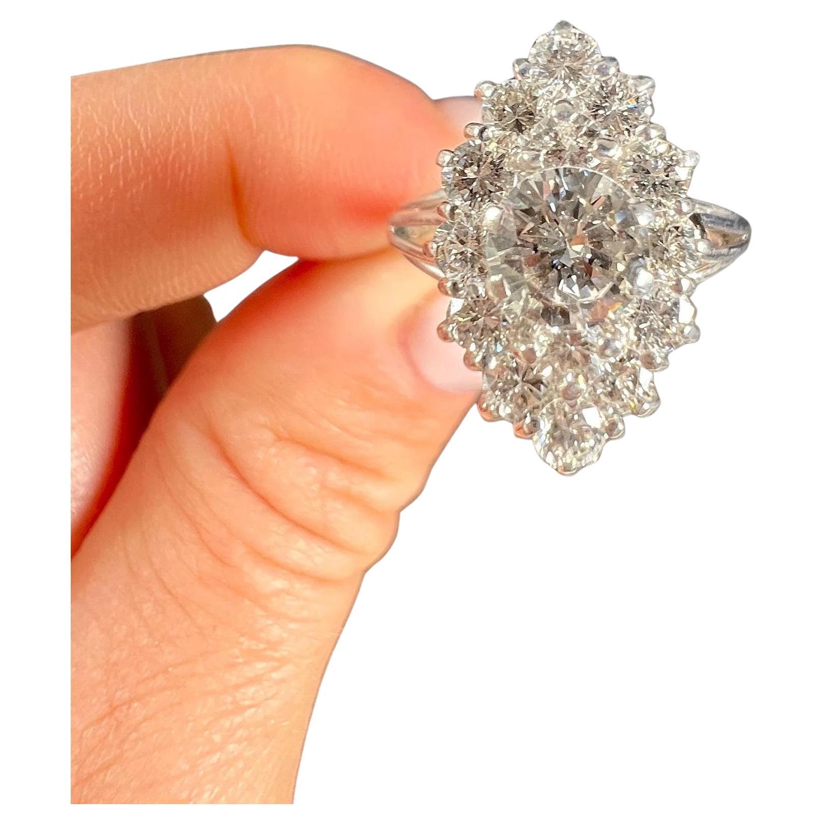 Vintage 18ct White Gold French Stamped, 2 Carat Marquise/Navette Diamond Ring