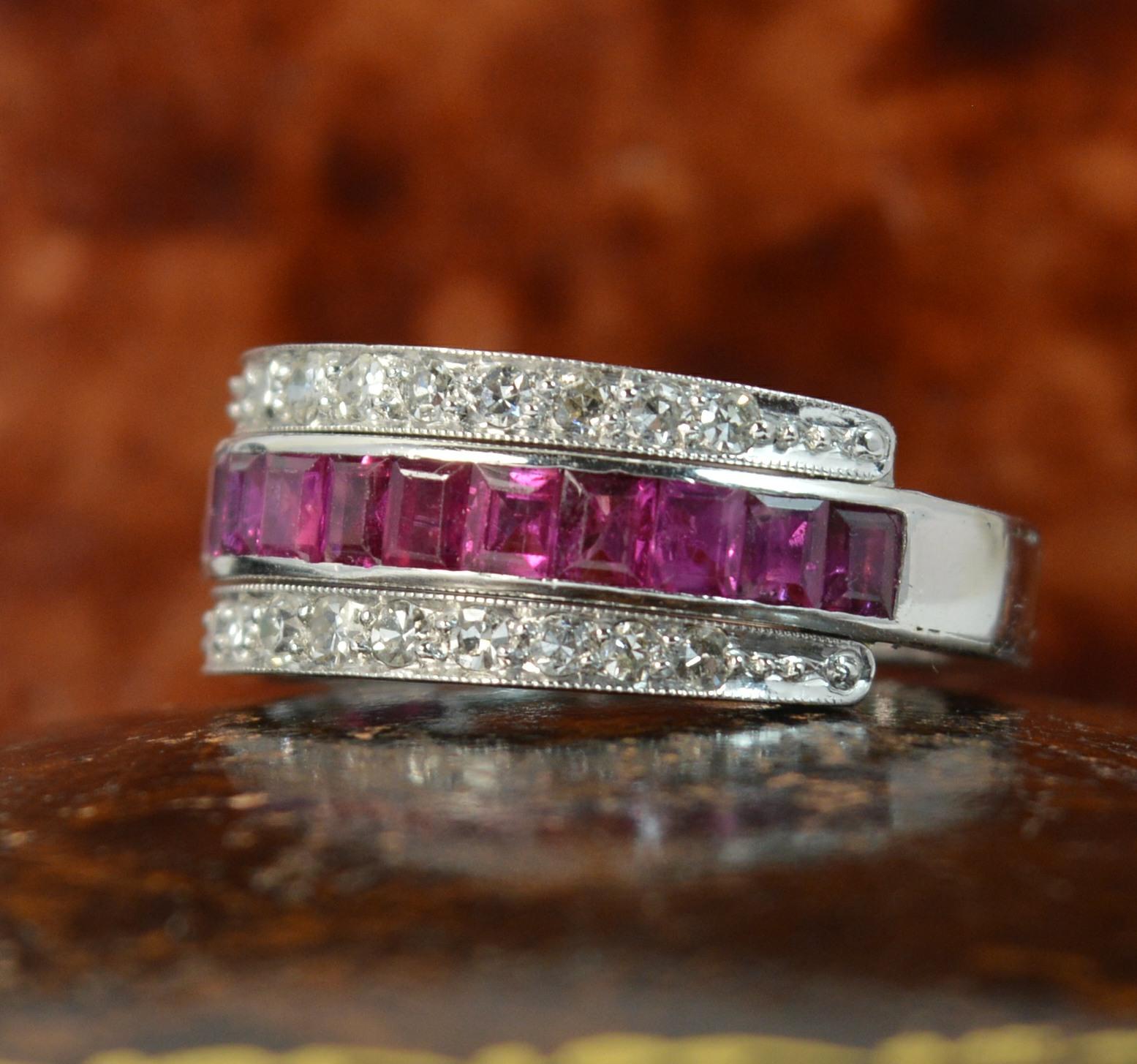 Vintage 18 Carat White Gold Ruby and Diamond Day and Night Eternity Stack Ring 8