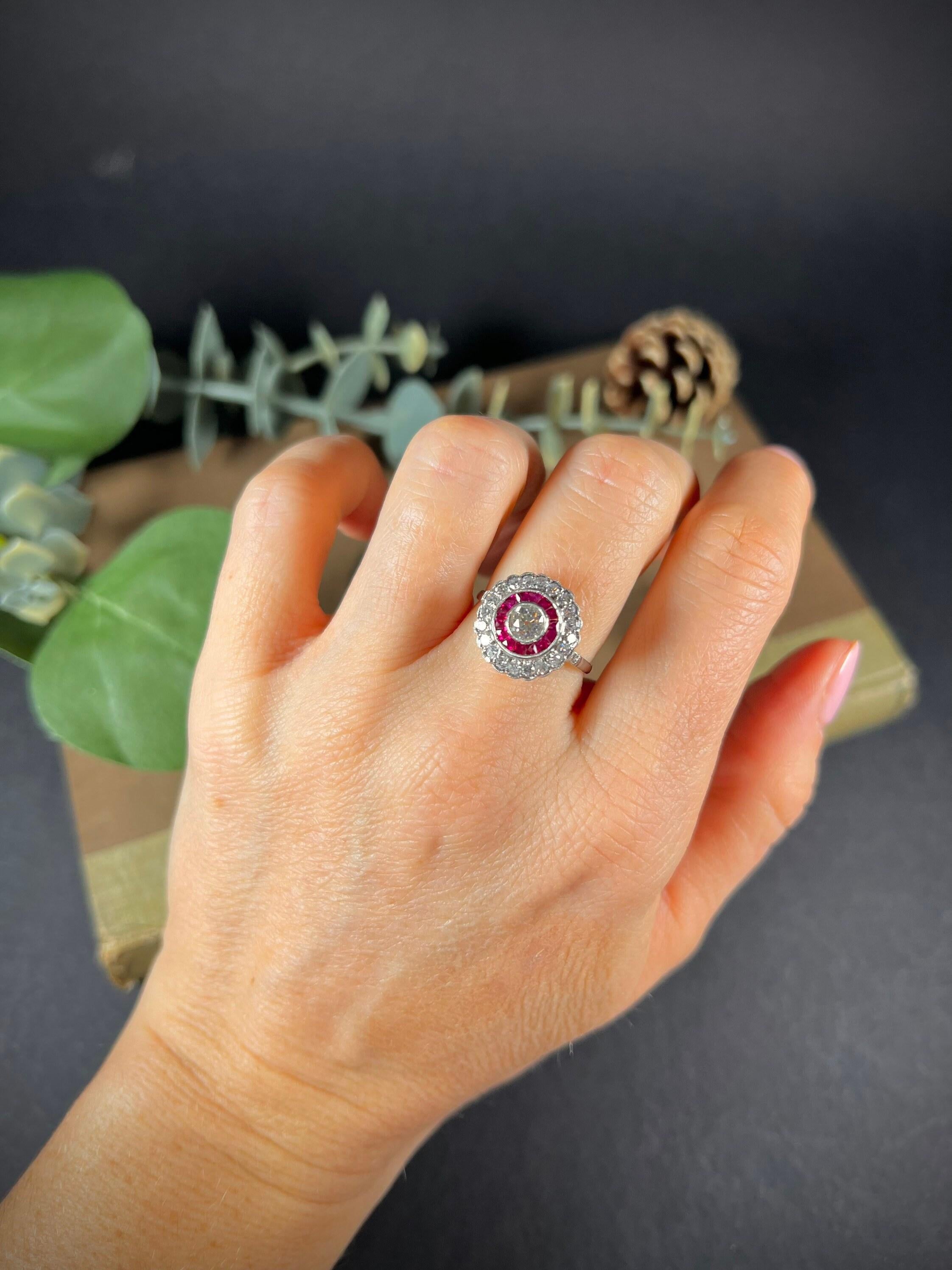 Vintage 18ct White Gold Triple Row, Ruby & Diamond Target Ring For Sale 2