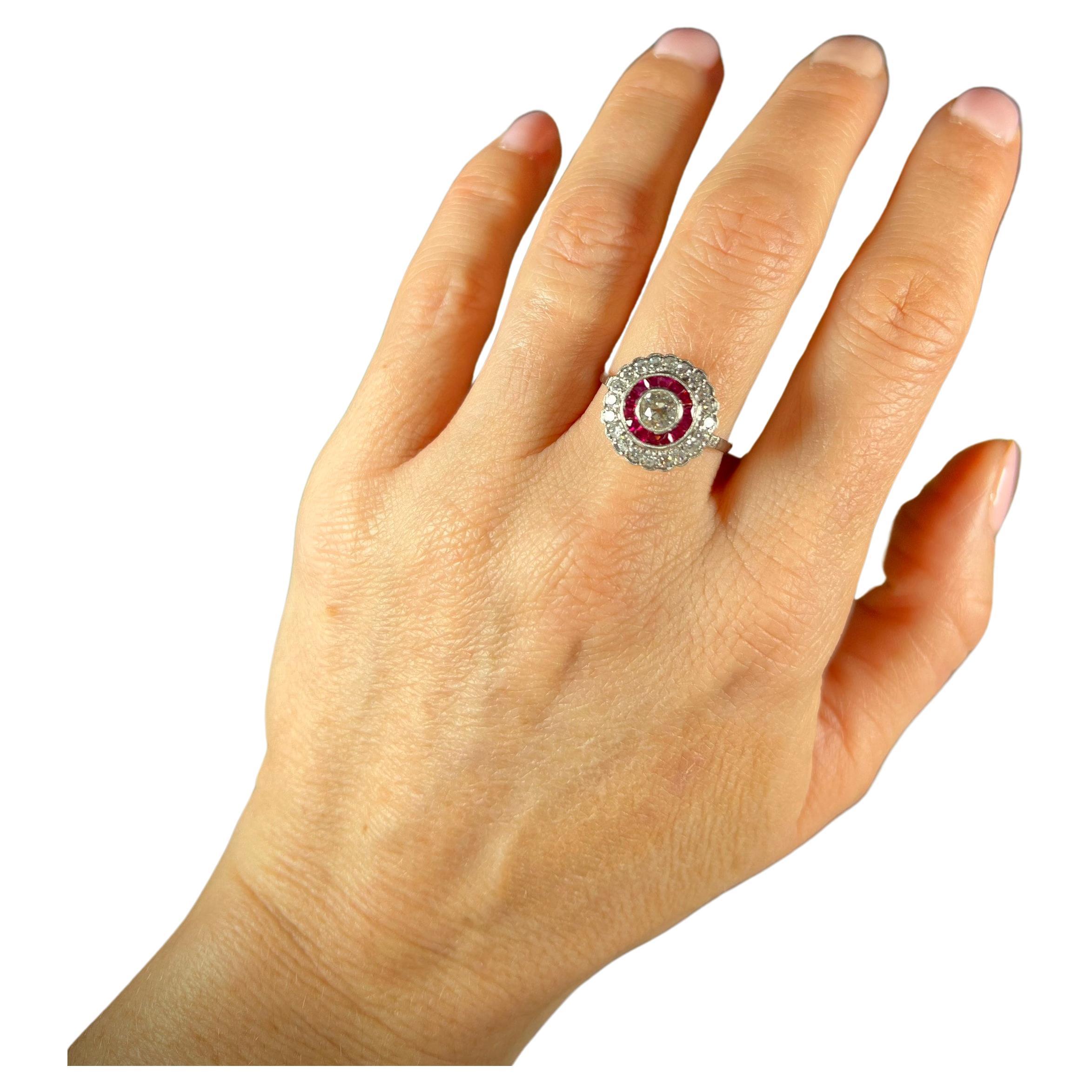 Vintage 18ct White Gold Triple Row, Ruby & Diamond Target Ring For Sale