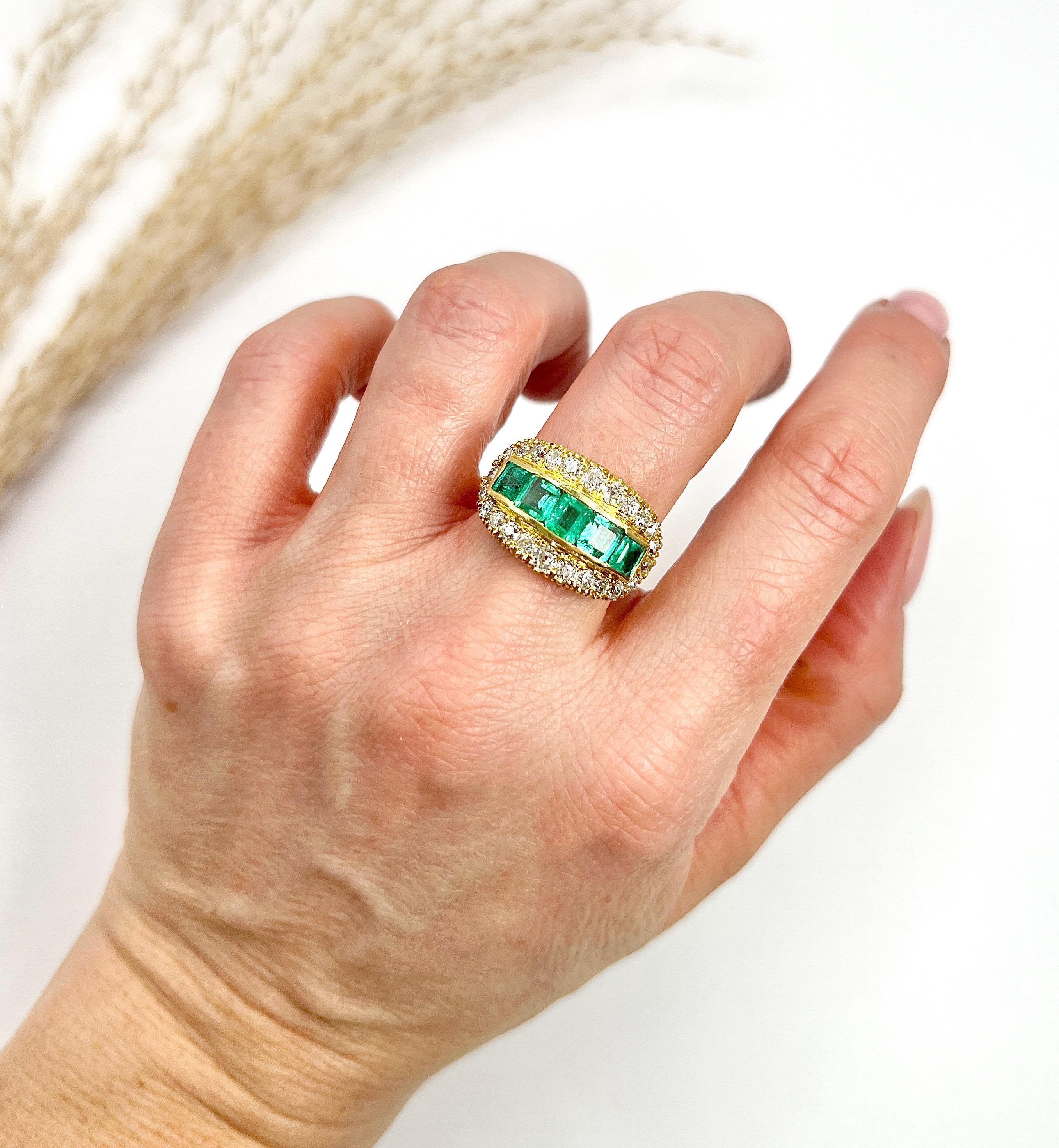 Vintage Emerald & Diamond Ring 

18ct Gold

Circa 1940s

This stunning 18ct yellow gold ring features an exquisite five-stone design, showcasing square-cut natural emeralds beautifully nestled within a luxurious frame of shimmering natural diamonds.