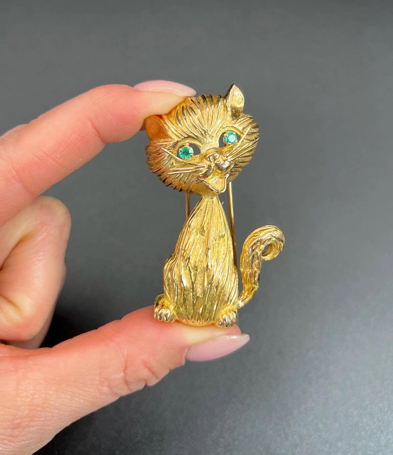 Broche Chat Vintage En Or Jaune 14 Carats - Jaspe Rose Et Pâte De Verre Verte - Longueur 3,2 Cm
