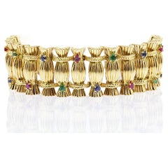 Retro 18ct yellow gold 1970s French sapphire, ruby & emerald set bracelet