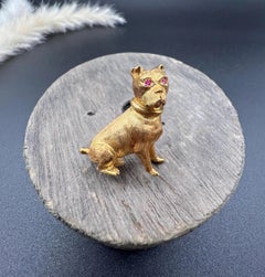 Spilla vintage in oro giallo 18ct, anni '70, con cane dagli occhi di rubino