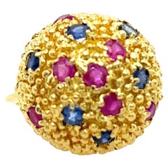 Vintage 18ct Yellow Gold Ball Ring, Set With Natural Rubies & Sapphires