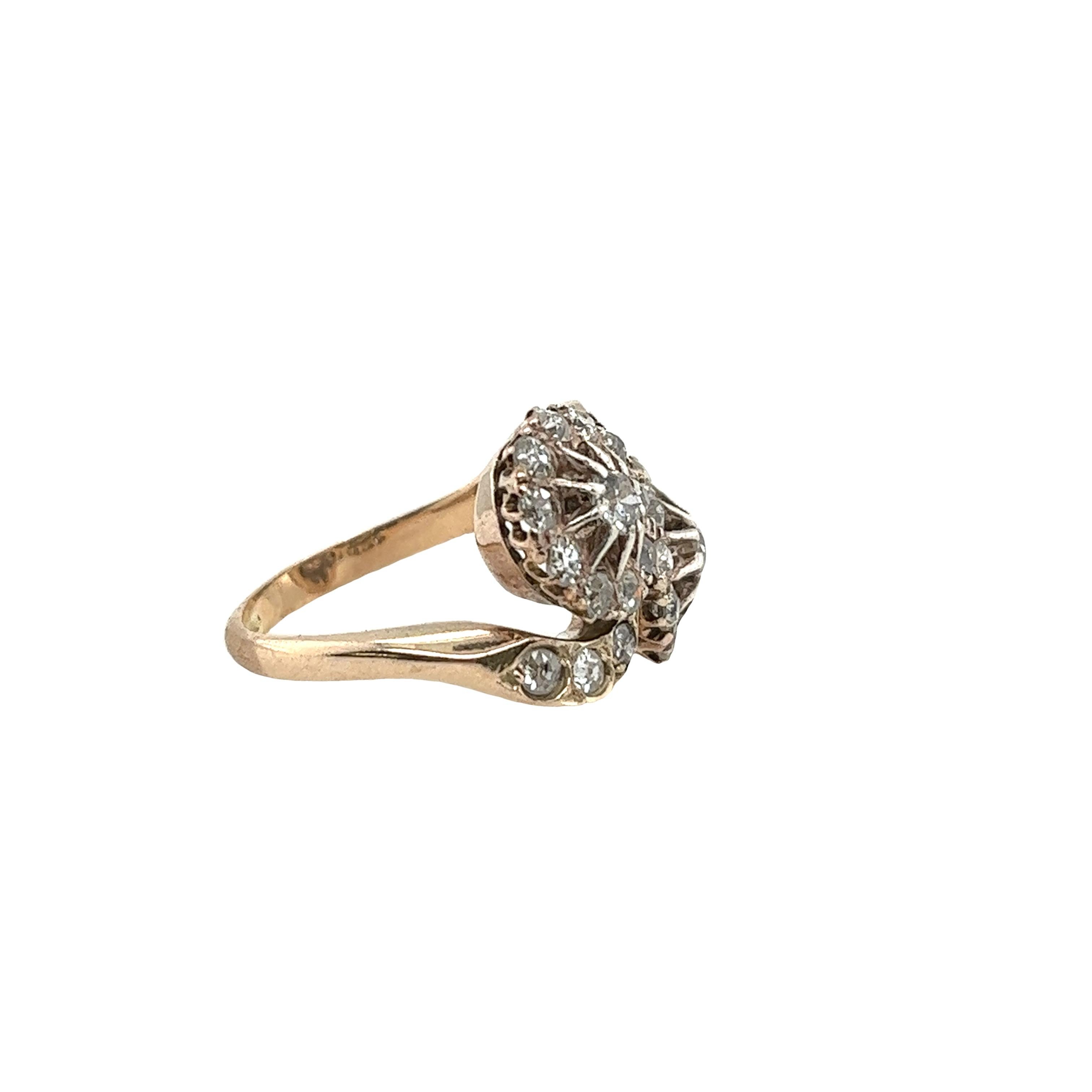 Vintage 14ct Yellow Gold Cluster Diamond Ring, Set With 0.70ct Old Cut Diamonds In Excellent Condition For Sale In London, GB